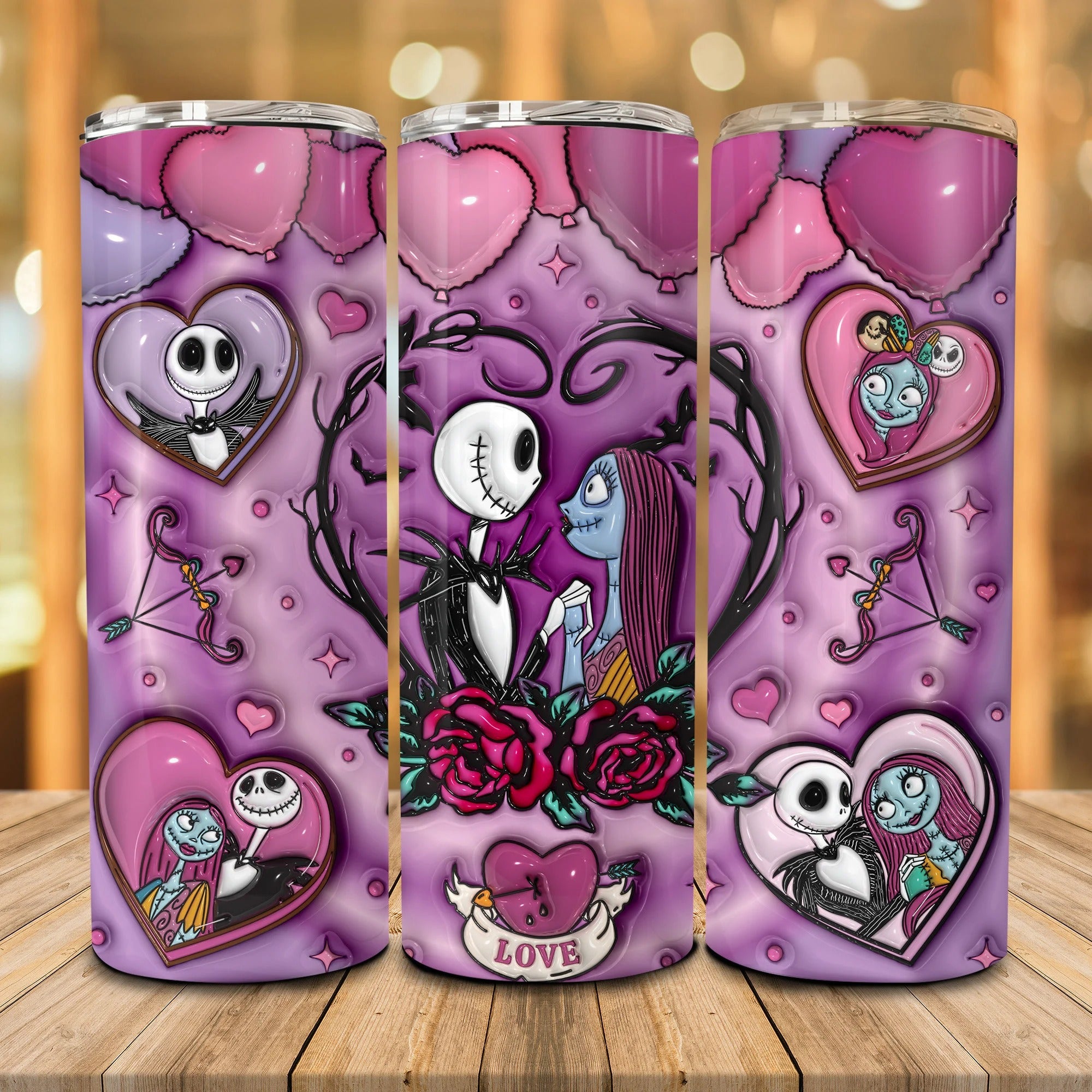 3D Jack & Sally 20oz Skinny Tumbler, Tumbler Wrap, Valentine Gift For Couple