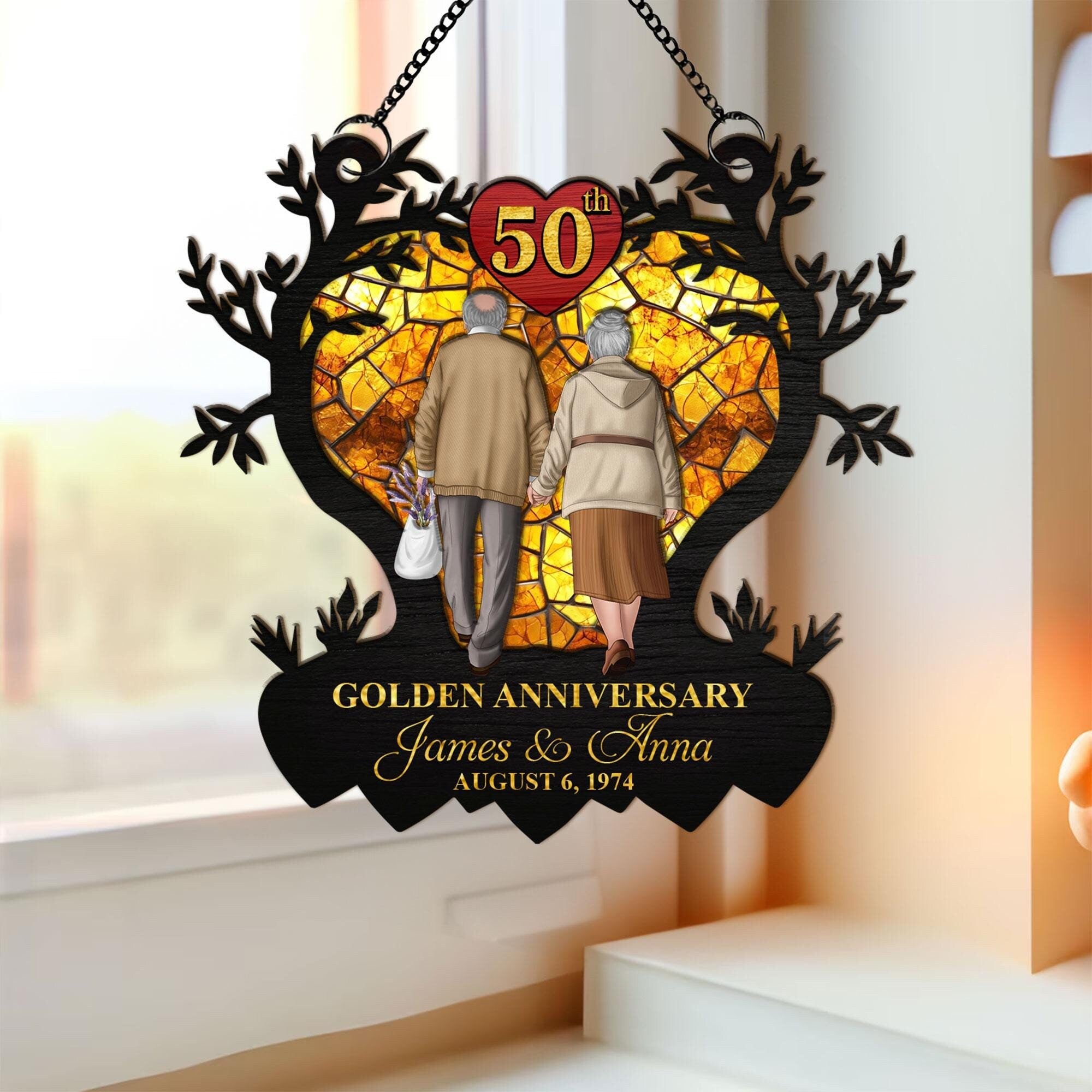 Personalized 50th Wedding Anniversary Window Hanging Ornament Suncatcher, Anniversary Golden Wedding Gift