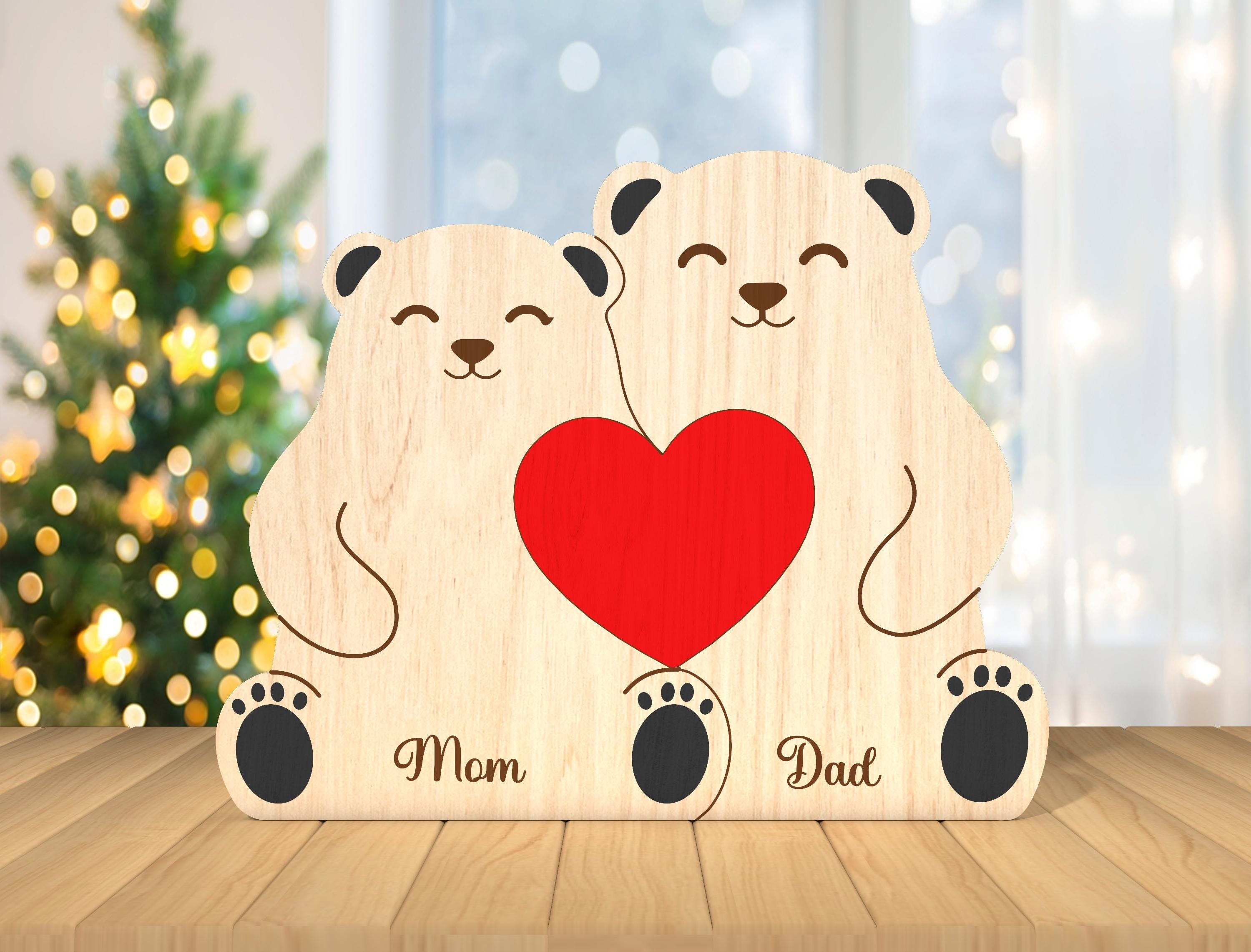 Custom Engraved Wooden Bear Family Holding Heart, Mother's Day Gift, Father's Day Gift, Home Decor