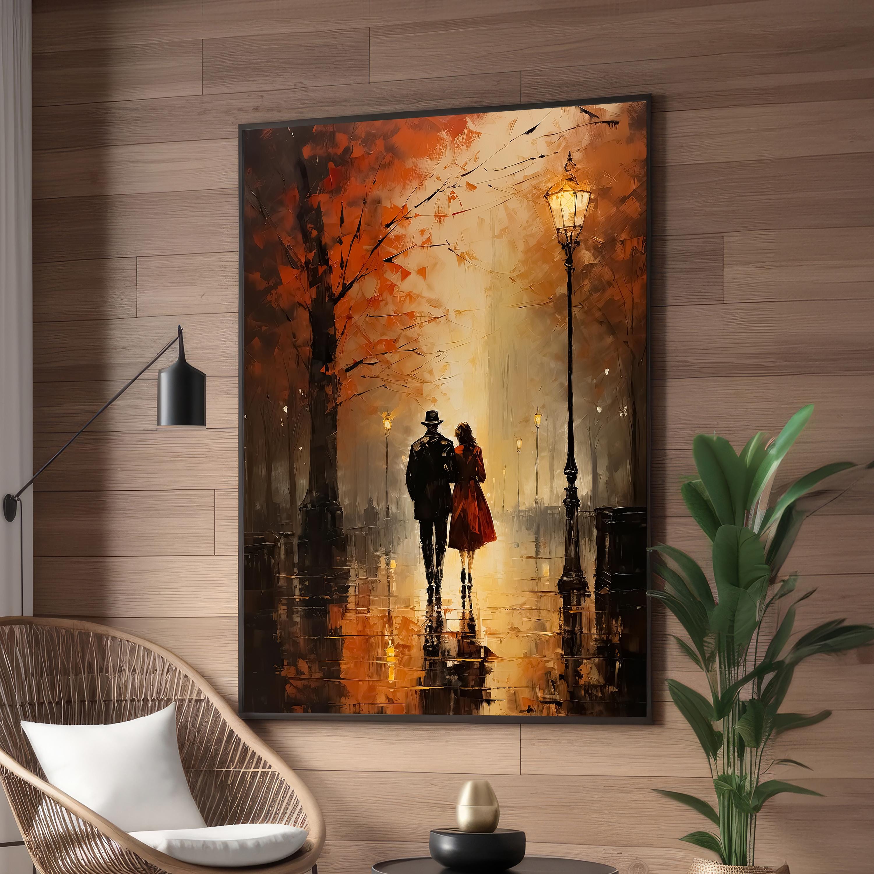 Romantic Autumn Walk Canvas Wall Art, Warm Fall Colors, Impressionist Art, Gift For Couple