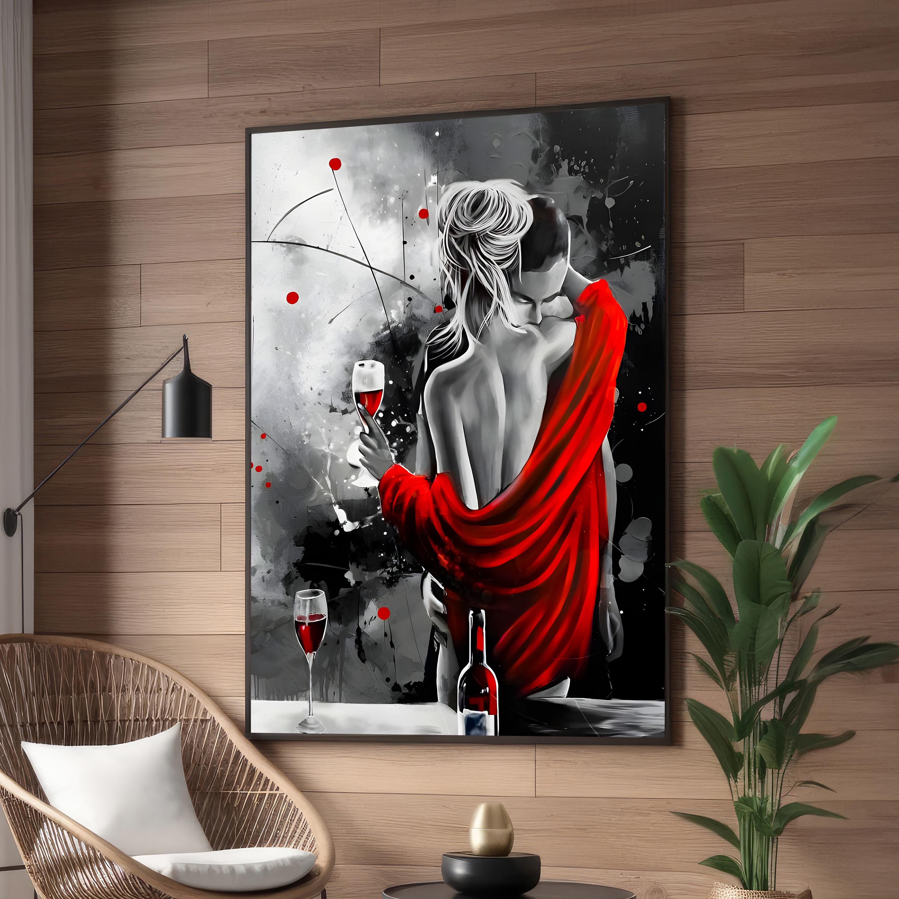 Romantic Couple with Red Wine Canvas Wall Art, Couple Wall Decor, Gift For Couple