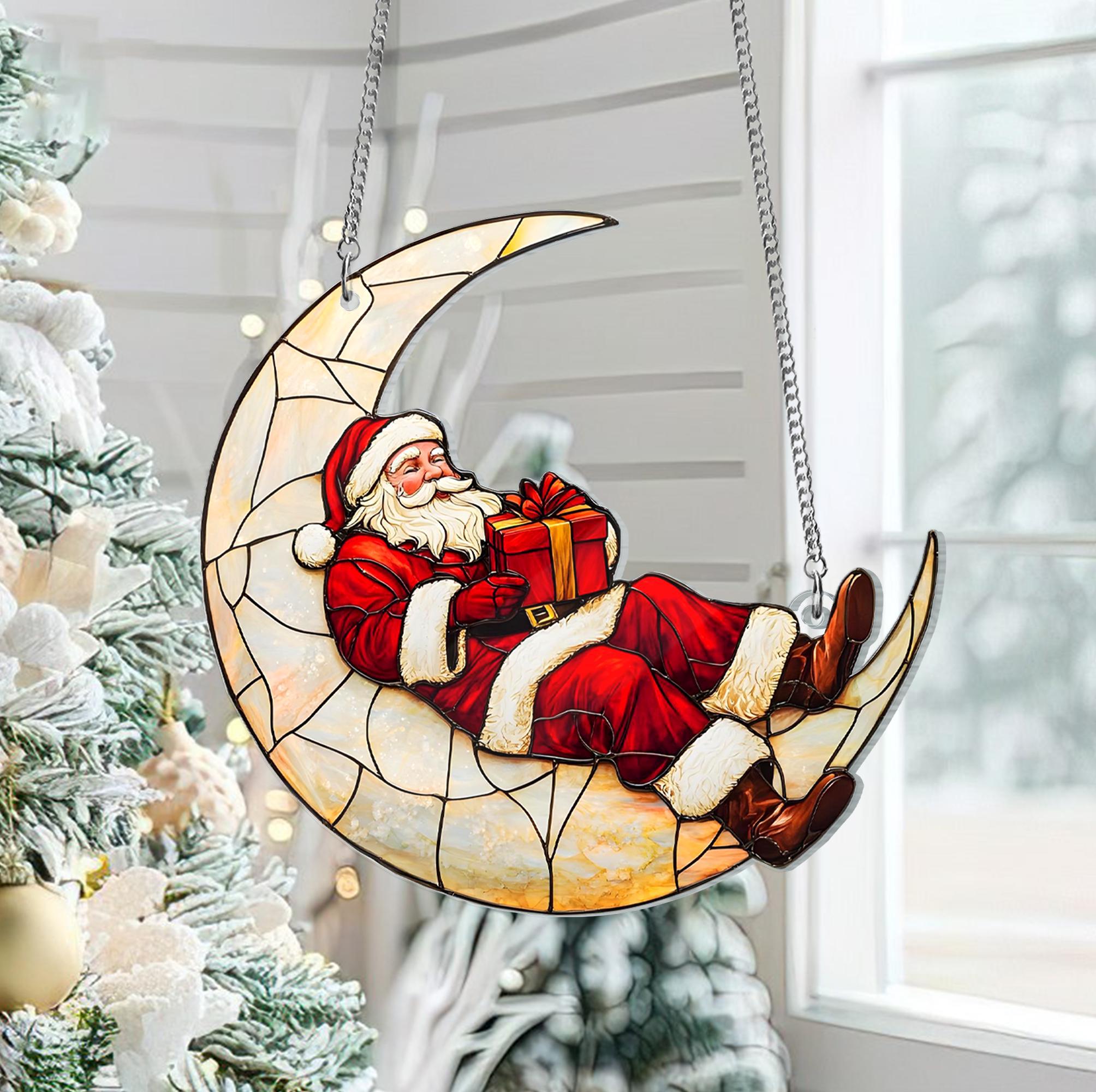 Santa Claus On The Moon Suncatcher Ornament, Sleeping Santa Christmas Ornament, Christmas Gift