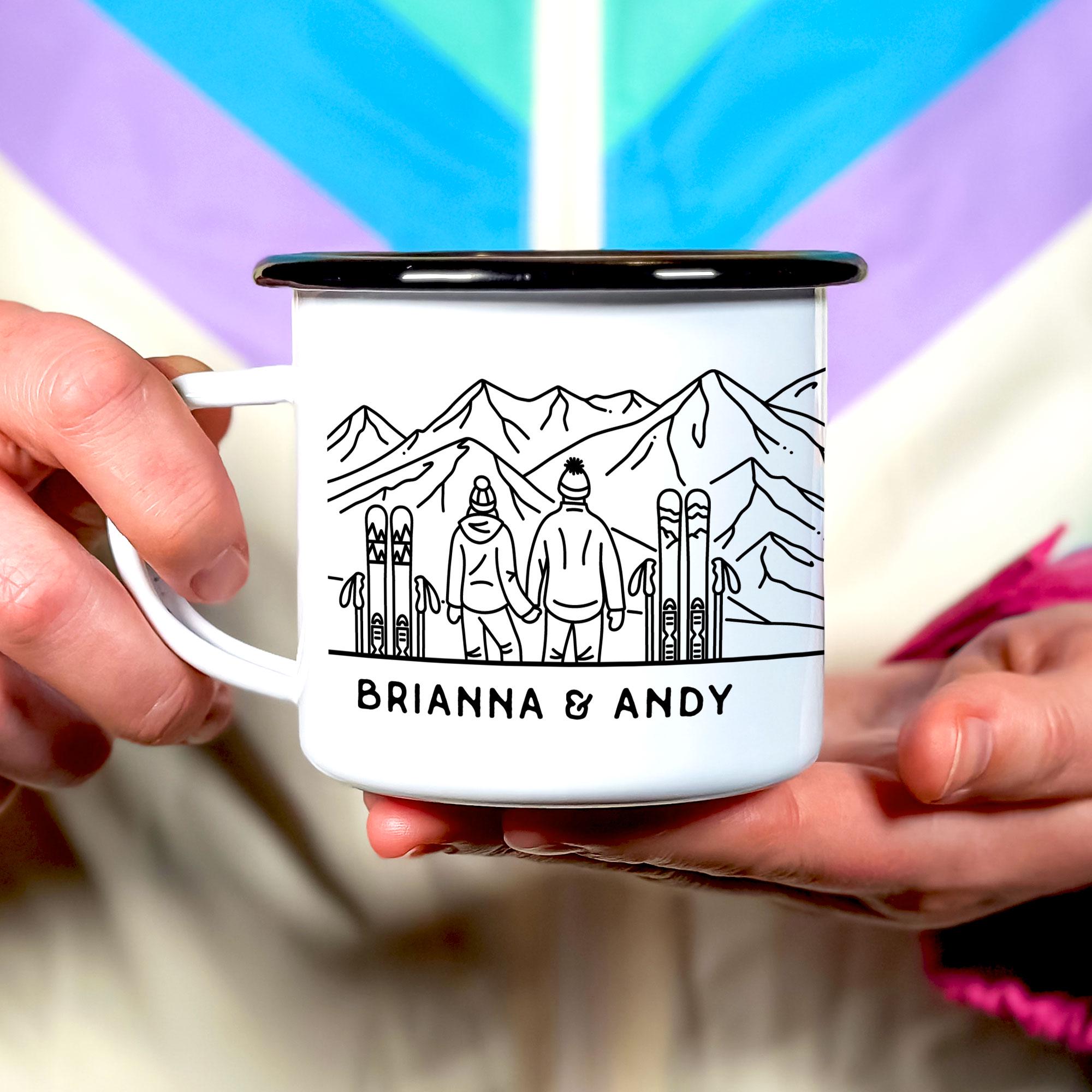 Personalized Enamel Mug, Couples Skiing Mug, Gift For Couples