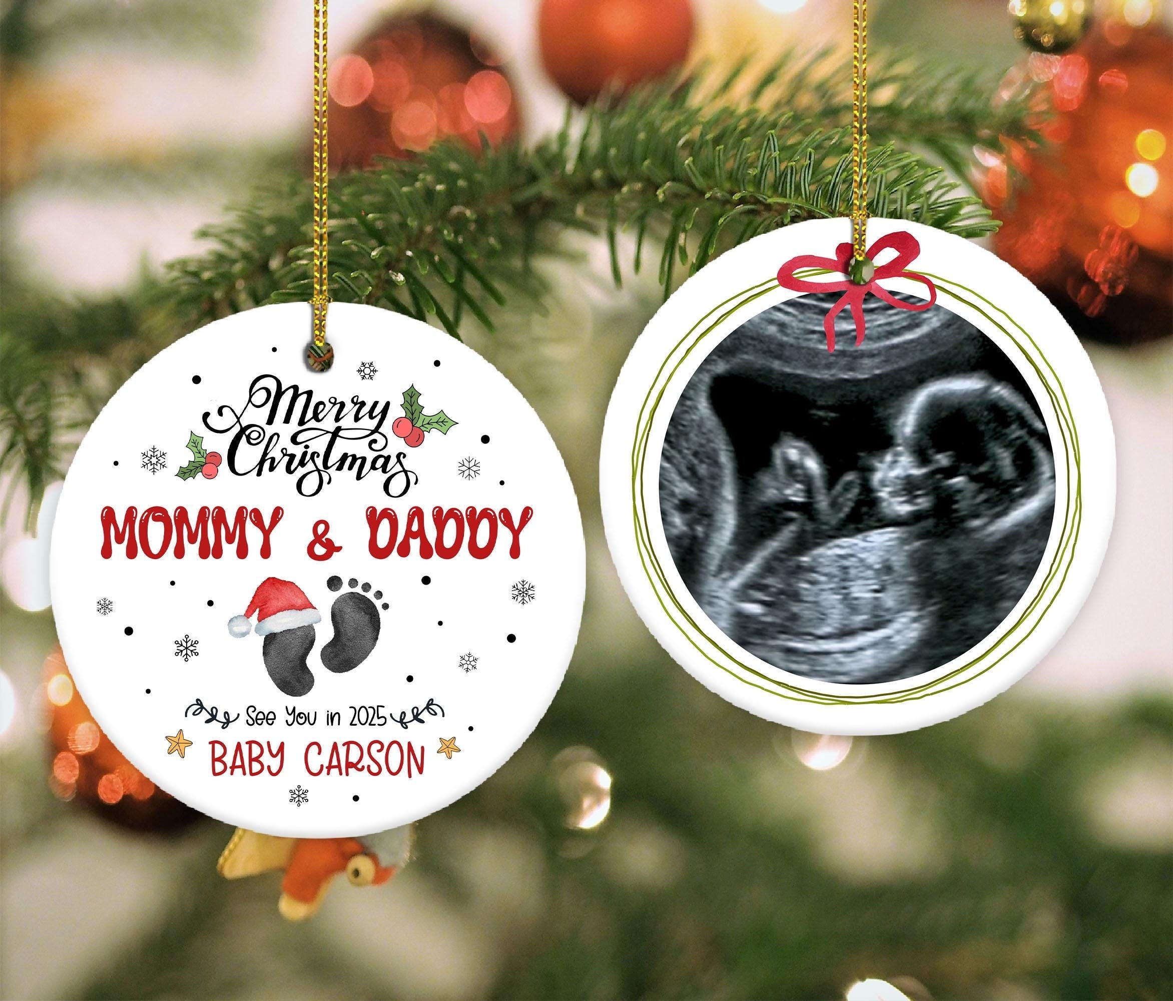 Merry Christmas Mommy and Daddy Ceramic Christmas Ornament, Pregnancy Announcement Ornament, Baby Announcement