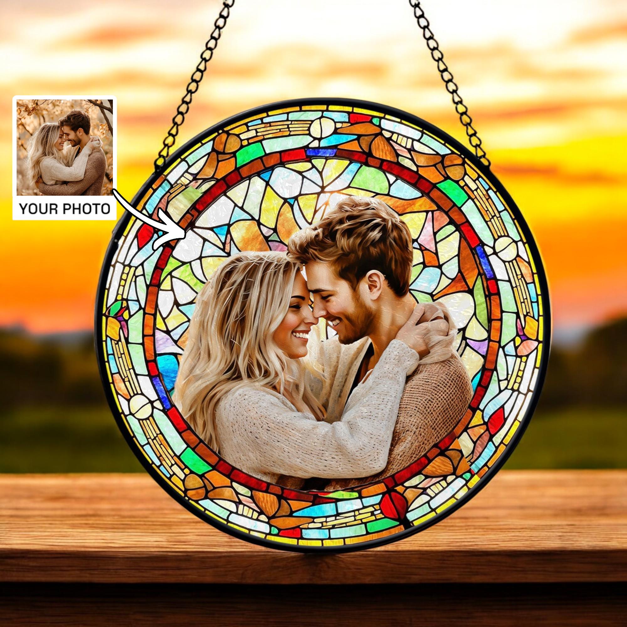 Custom Photo Portrait Couple Stained Glass Suncatcher, Valentine Gift For Couple