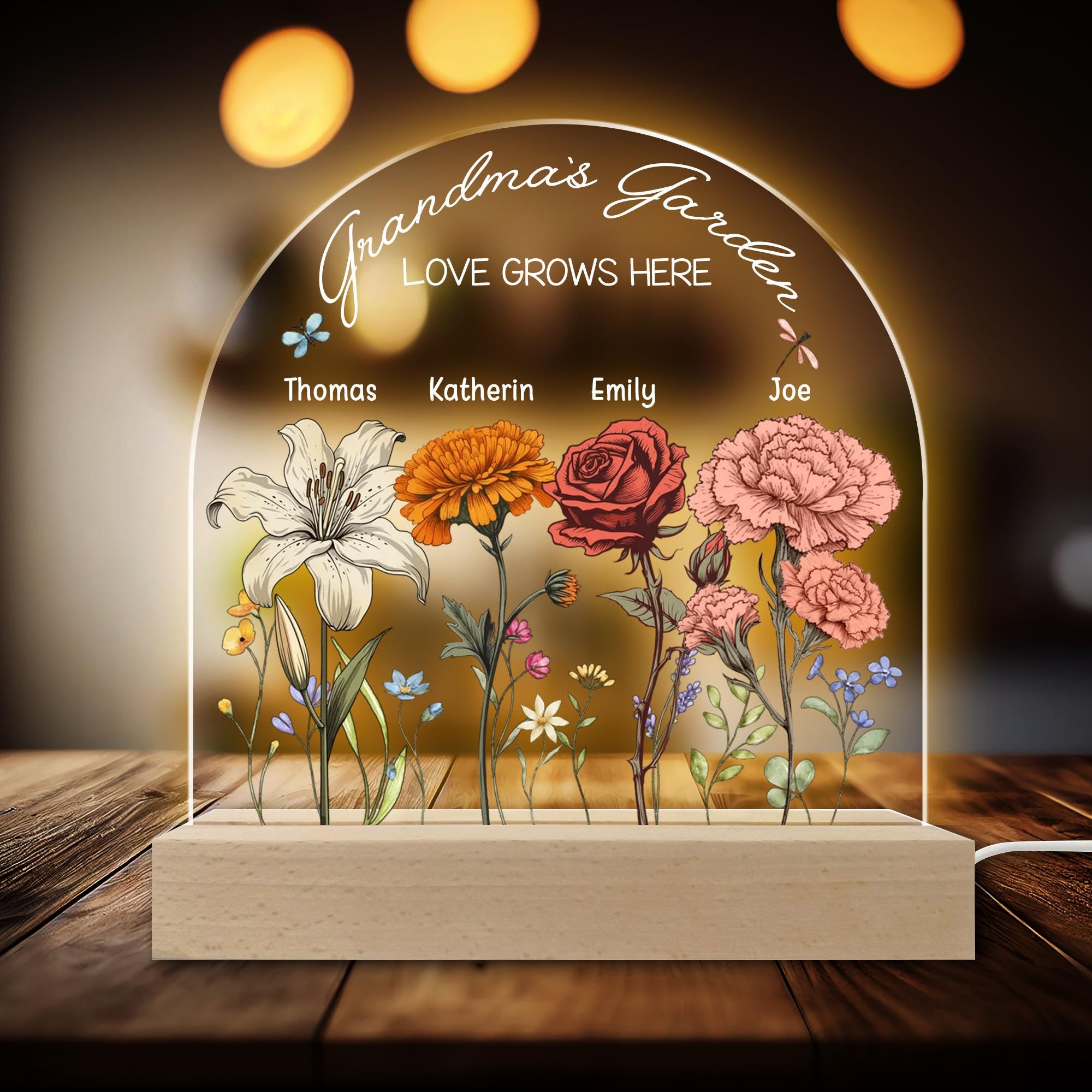 Grandma's Garden Personalized Birth Month Flower Acrylic LED Night Light, Mothers Day Gift