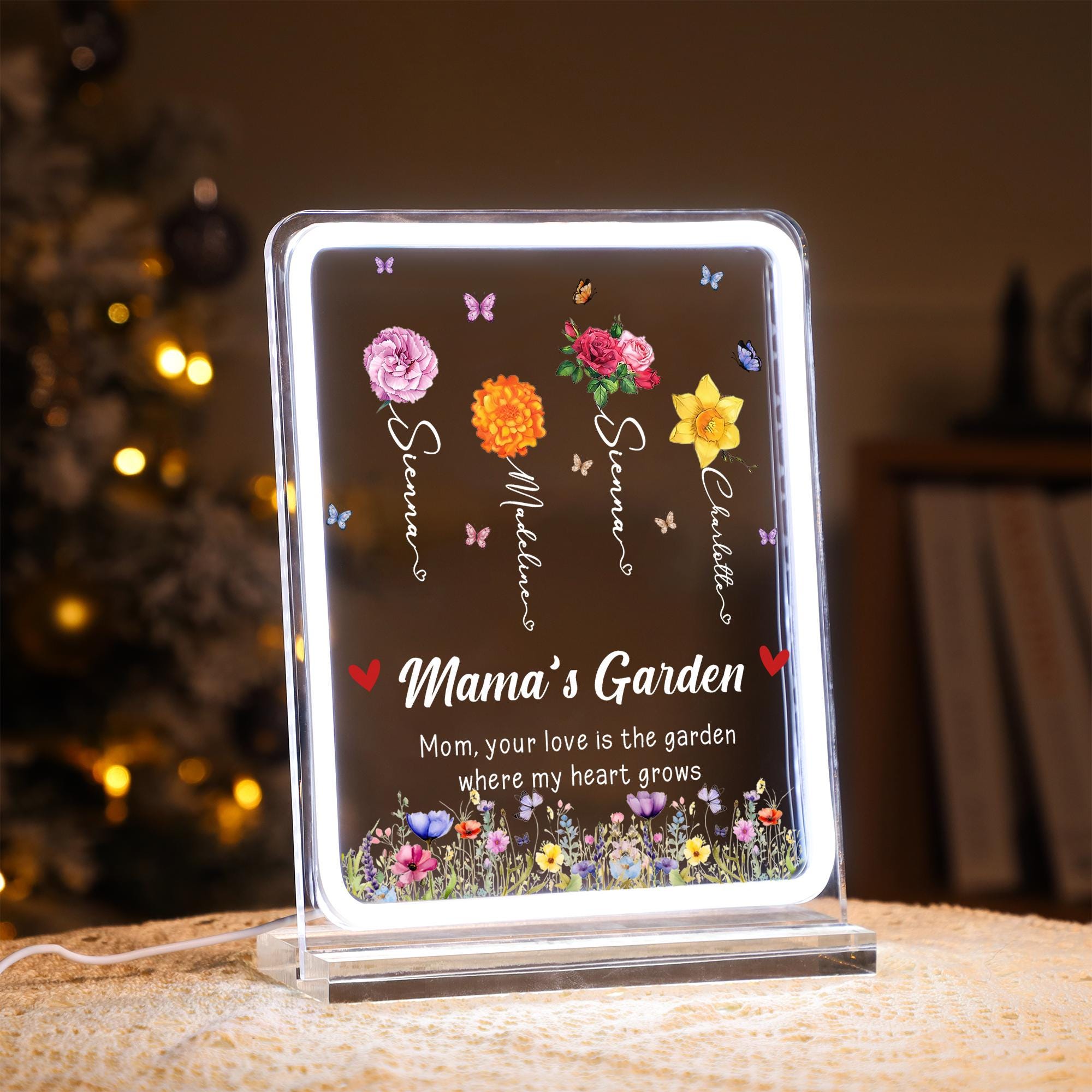 Mama Garden's Personalized Birth Month Flower Acrylic LED Night Light, Gifts for Mom