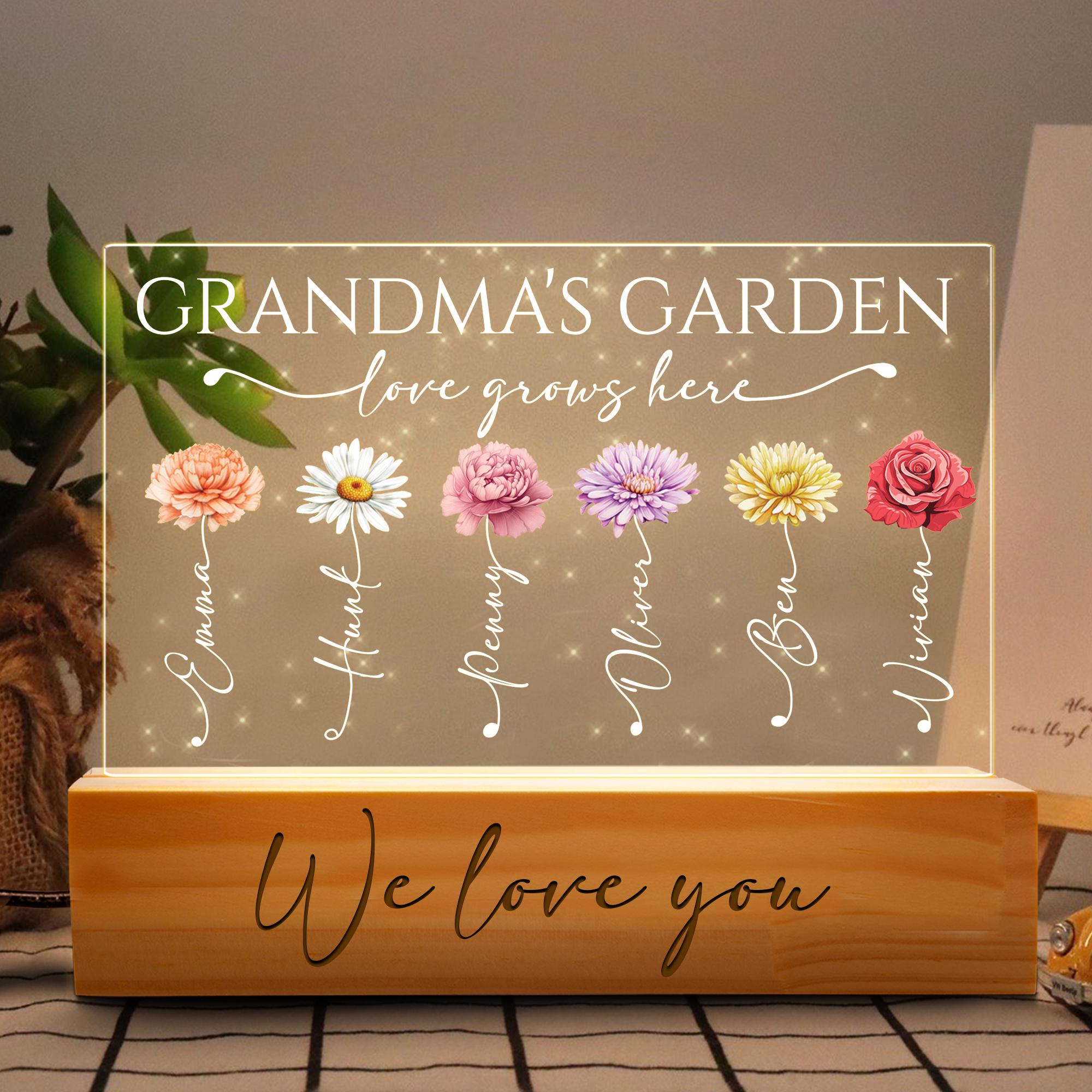 Grandma's Garden Love Grows Here Personalized Birth Month Flower Acrylic LED Night Light, Mothers Day Gift