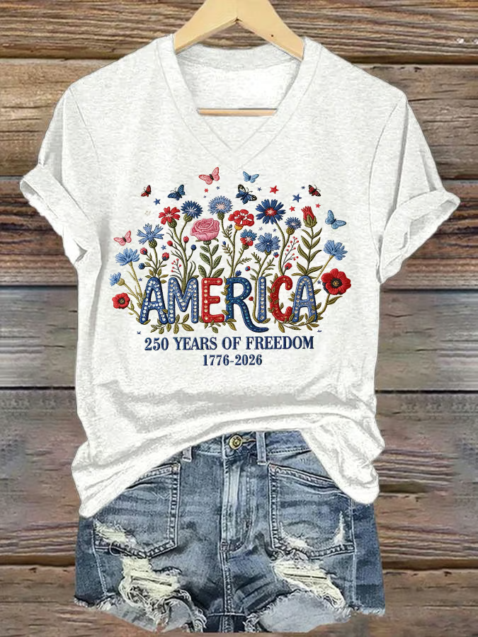 America 250 Years Of Freedom Floral V-neck Shirt, USA 250th Anniversary T-Shirt, Patriotic Women Tees