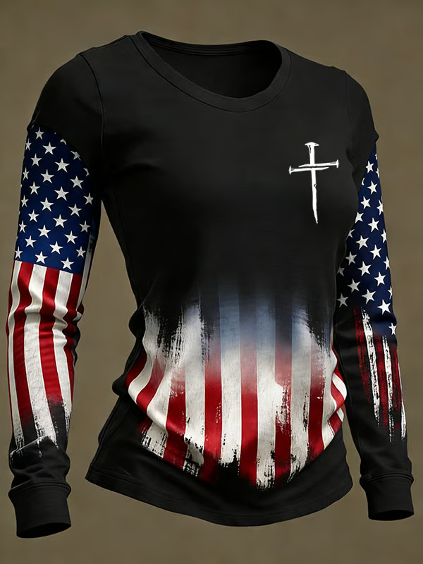 Cross Faith America Flag Long Sleeve Shirt, USA 250th Anniversary Shirt, 4th Of July Shirt, Christian Patriotic Shirt