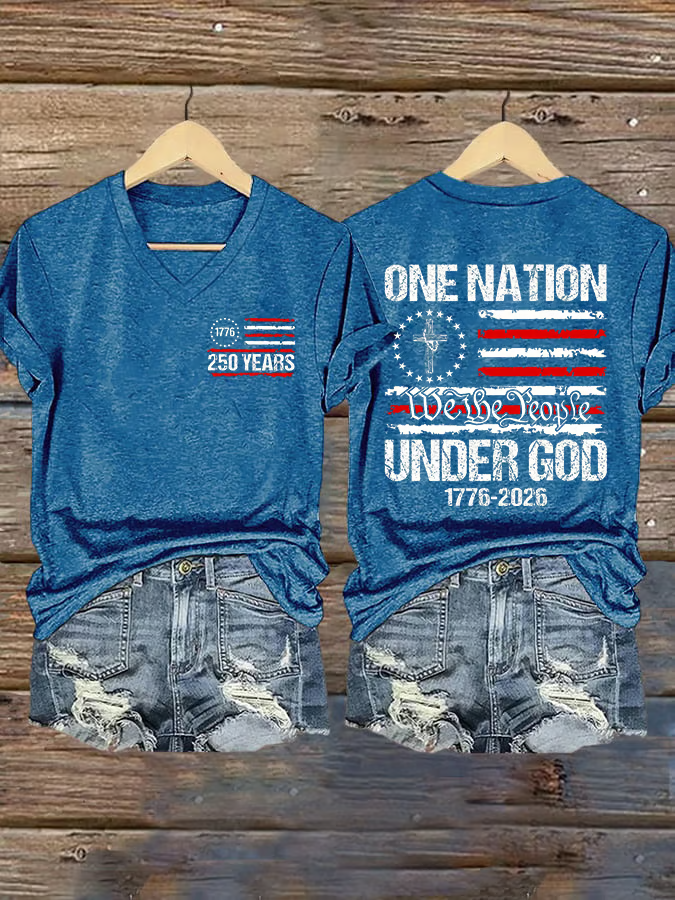 One Nation Under God 1776-2026 V-neck, USA 250th Anniversary Shirt, 4th Of July Patriotic Tees