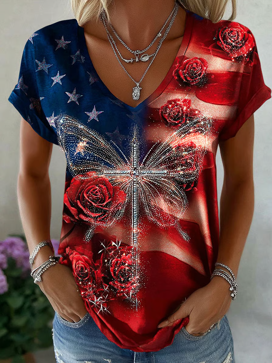 Christian Cross Rose 250th Anniversary Years V-neck, 1776–2026 USA Shirt, Christian Patriotic Tee