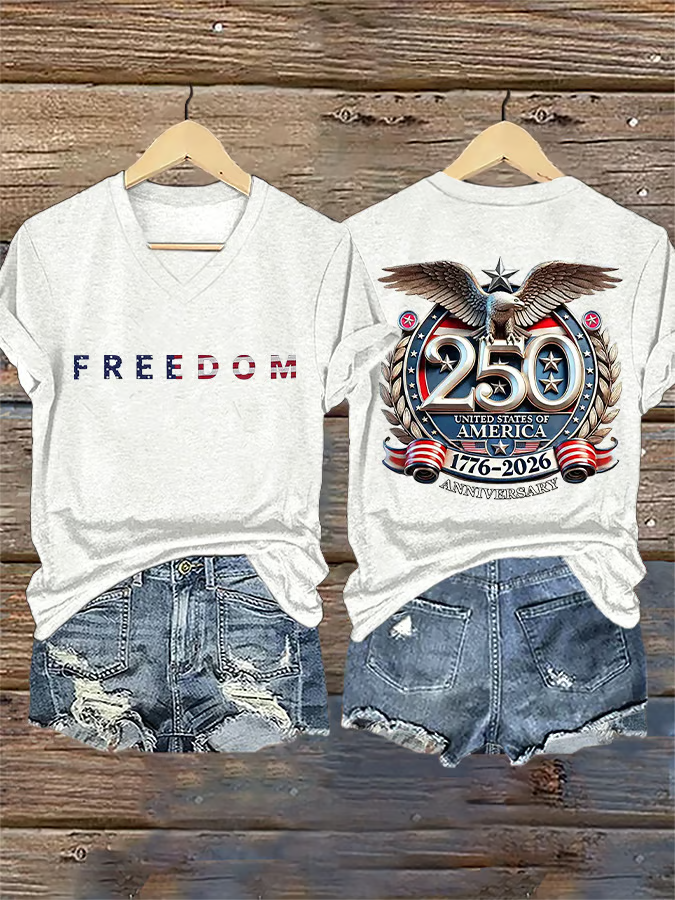 Freedom America 1776-2026 V-neck, USA 250th Anniversary Shirt, 4th Of July Patriotic Women Tees