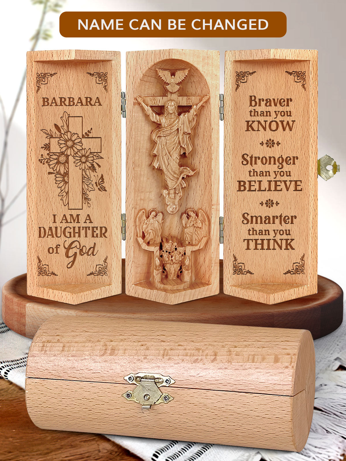 Personalized Daughter Of God Openable Wooden Cylinder Sculpture of Jesus Christ, Christian Gifts