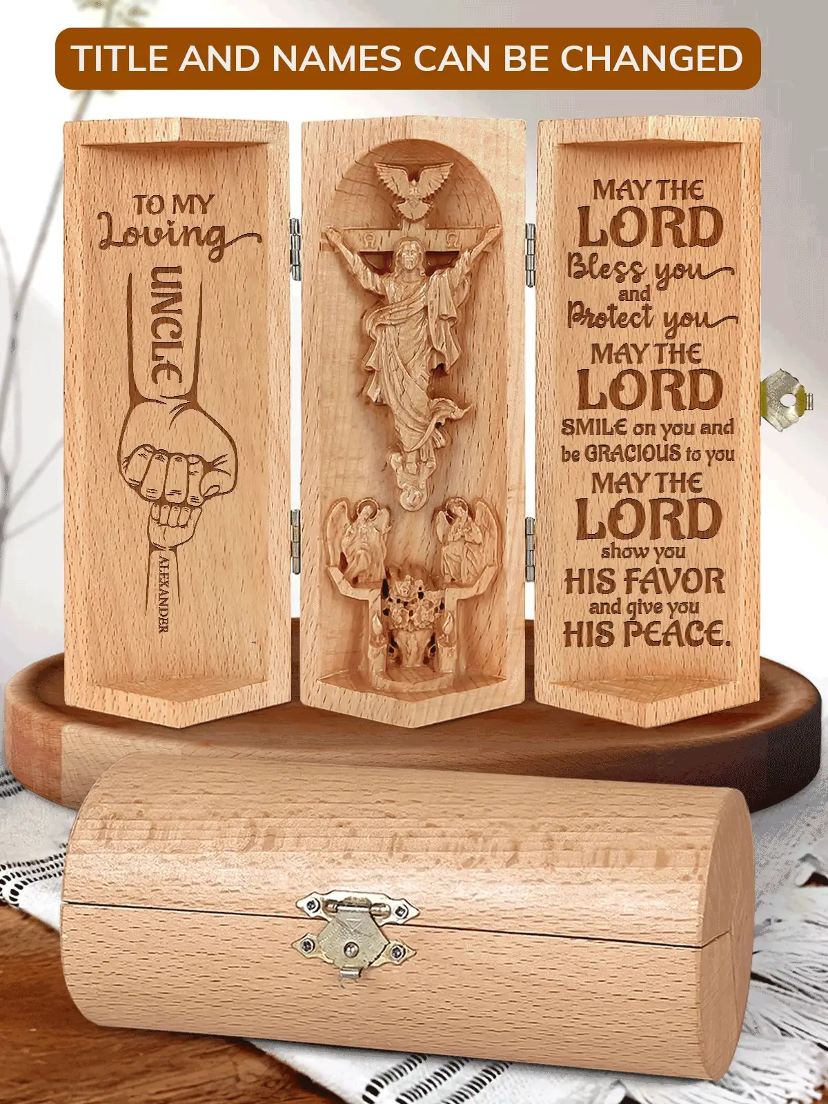 To My Loving Dad Openable Wooden Cylinder Sculpture of Jesus Christ, Personalized Father's Day Gifts