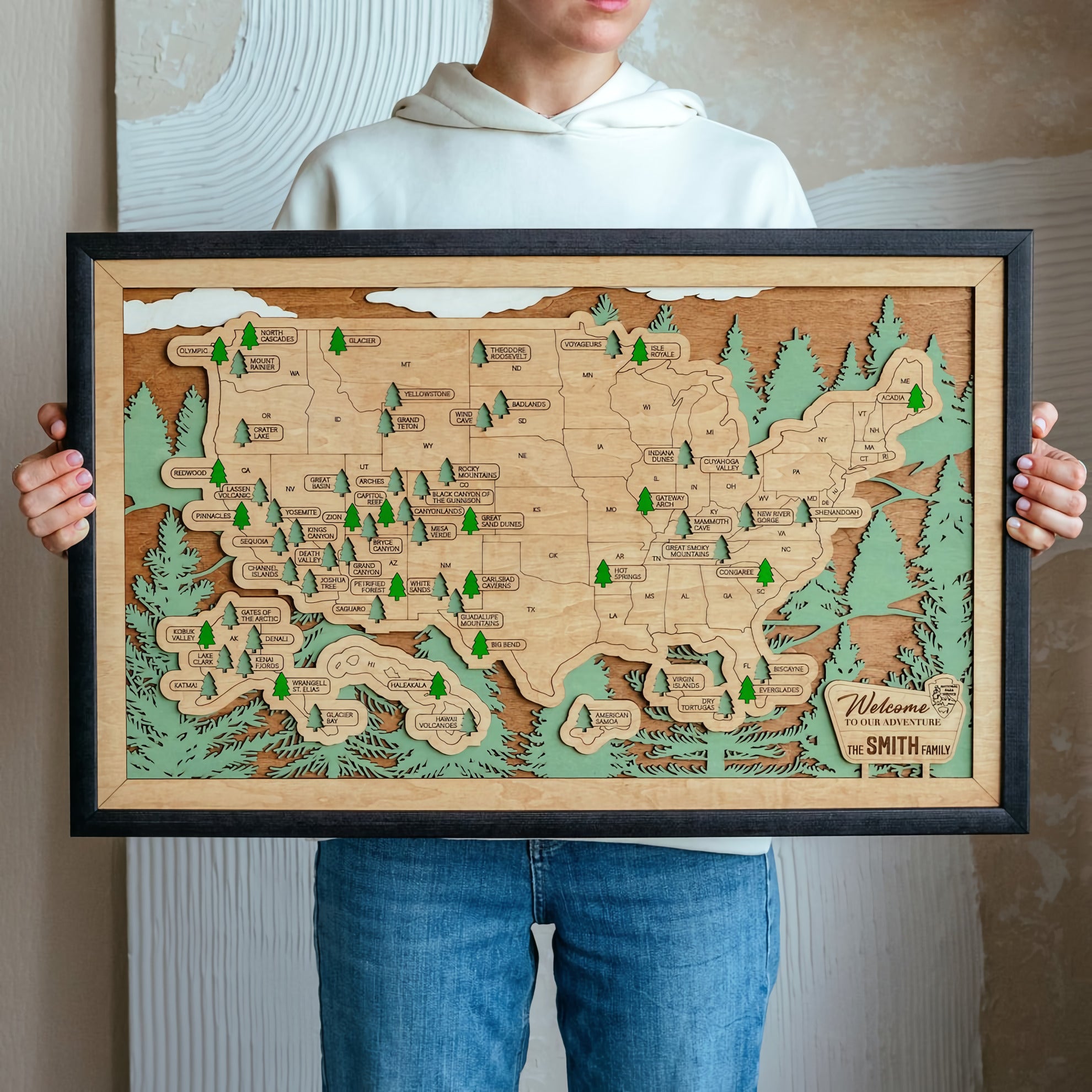 Personalized USA National Parks Travel Map With Pins, National Parks Wooden Map Tracker