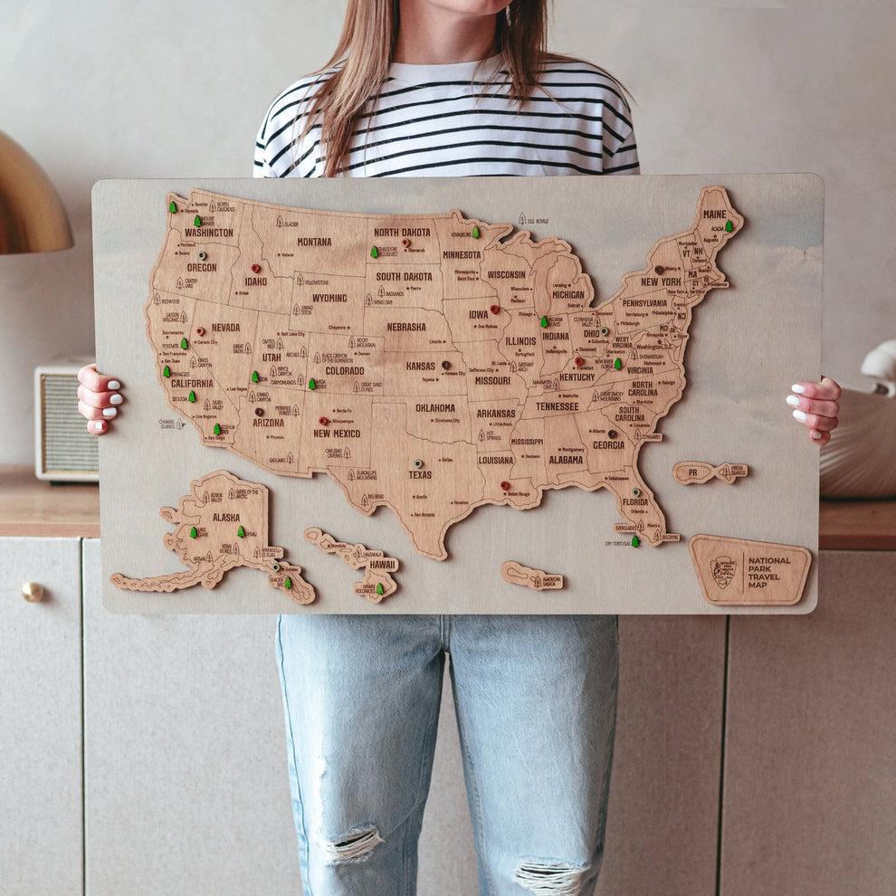 Personalized USA National Park Service Push Pin Map, National Parks Road Trip Wooden Map Tracker