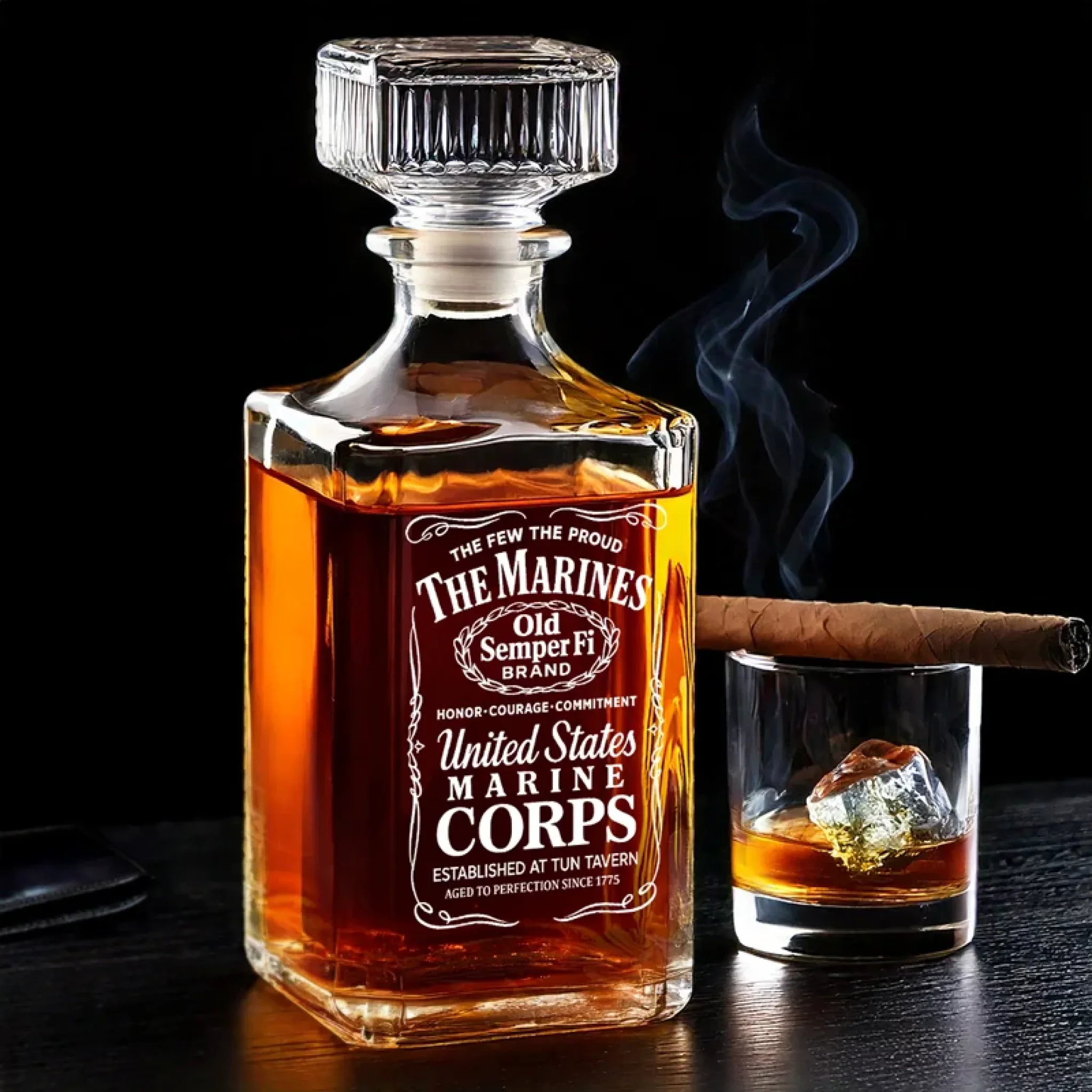 1775 Proof, USMC Certified Whiskey Decanter Set American Glassware Wine Glasses Set