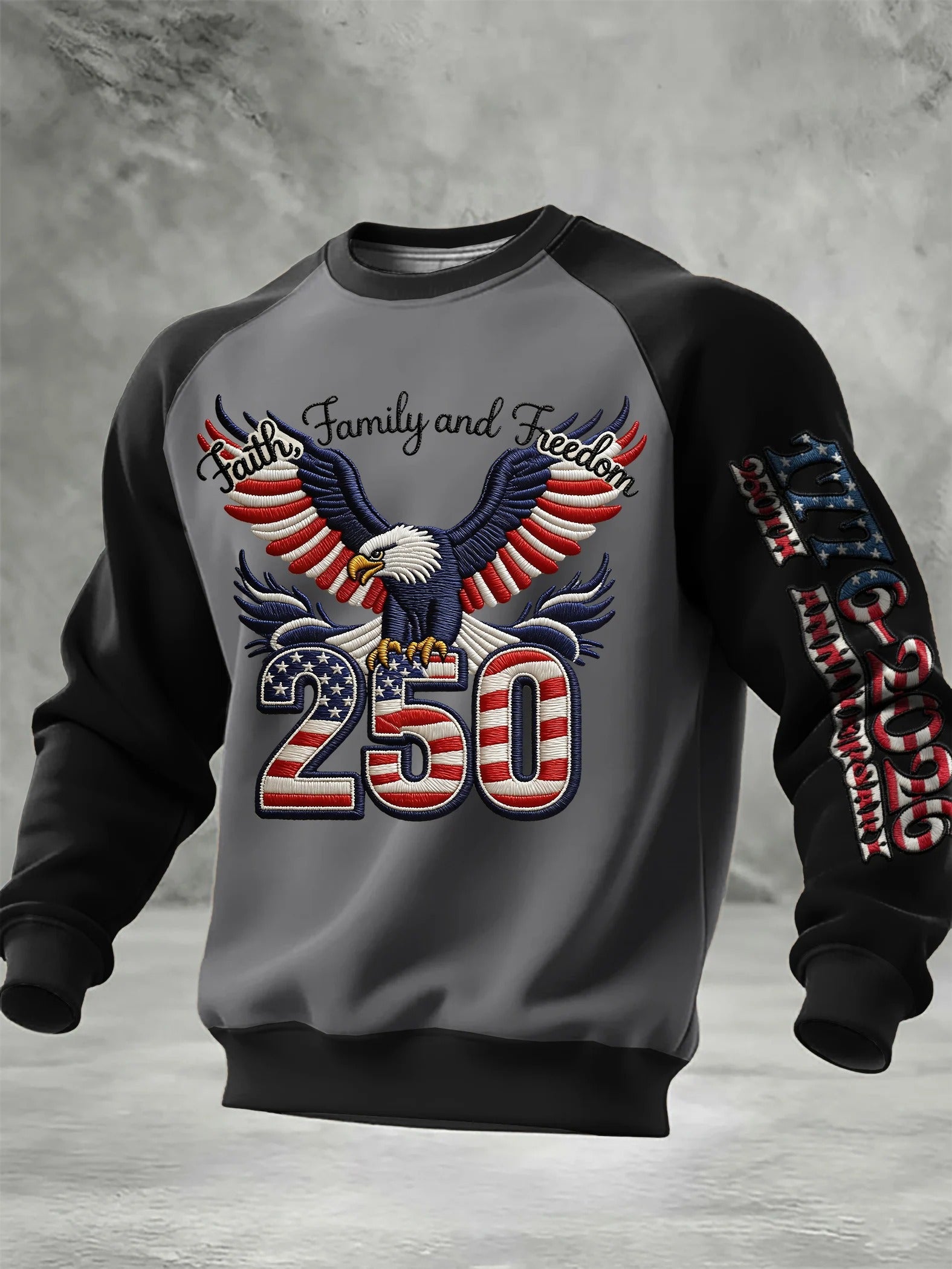Faith Family And Freedom Eagle American Flag Pattern 250th Anniversary Cool 4th Of July Black And Grey Sweater