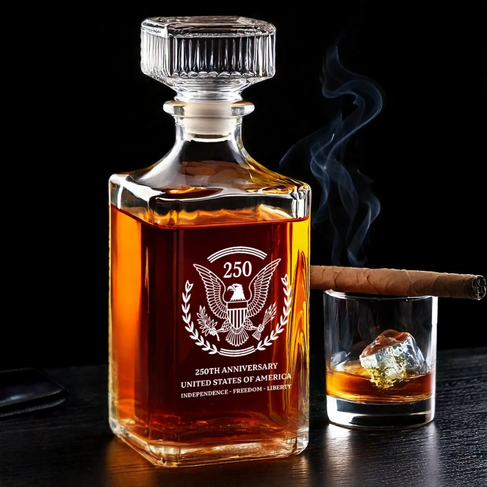 Let Freedom Echo 250 Years Loud Glass Whiskey Decanter Set American Glassware Wine Glasses Set