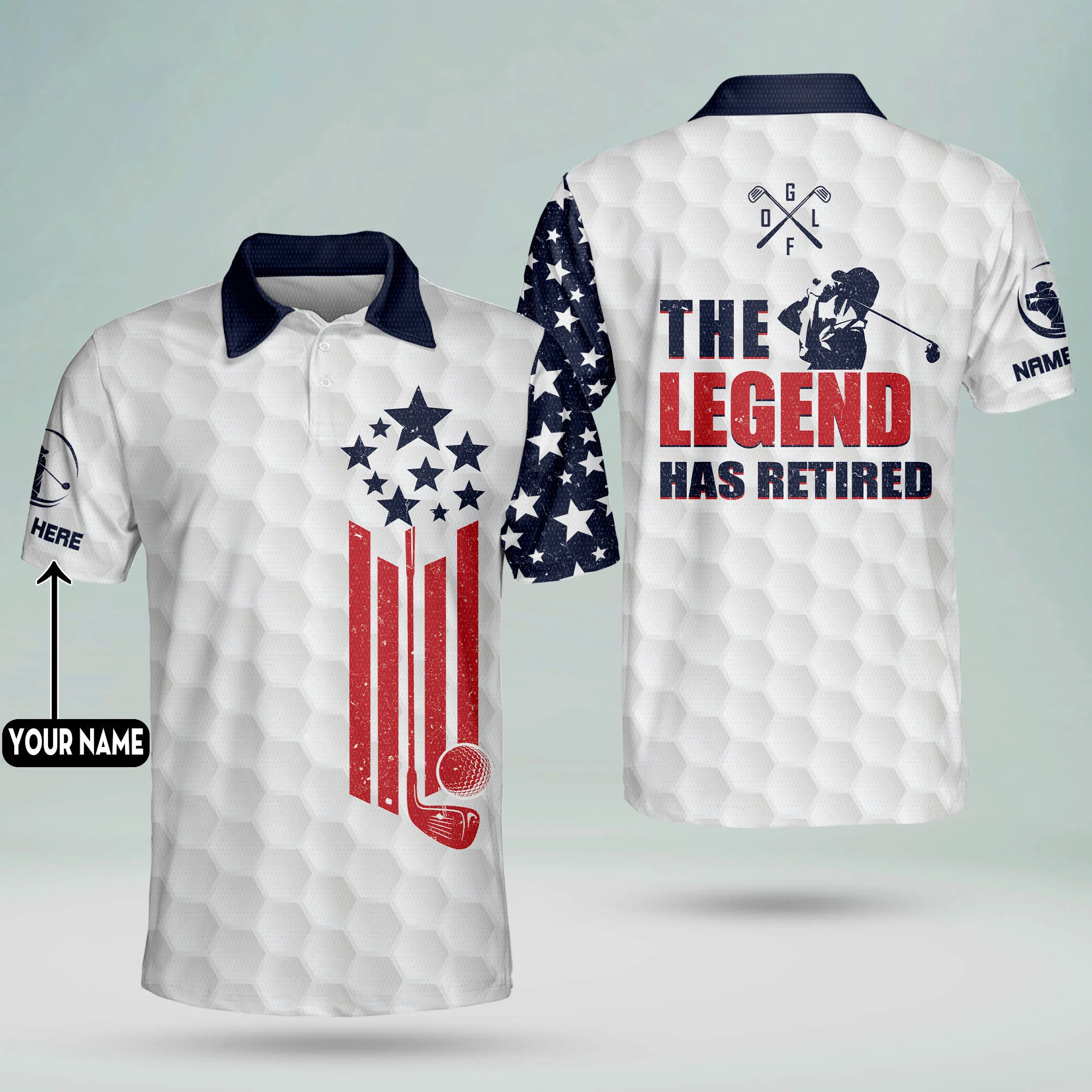 Custom Name The Legend Has Retired American Flag Golf Polo Shirts, Golf Gift For Men, Golfing Apparel