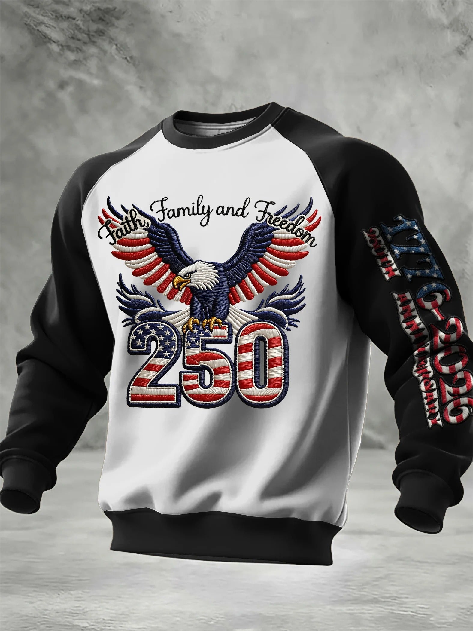 Faith Family And Freedom Eagle American Flag Pattern 250th Anniversary Cool 4th Of July Black And White Sweater