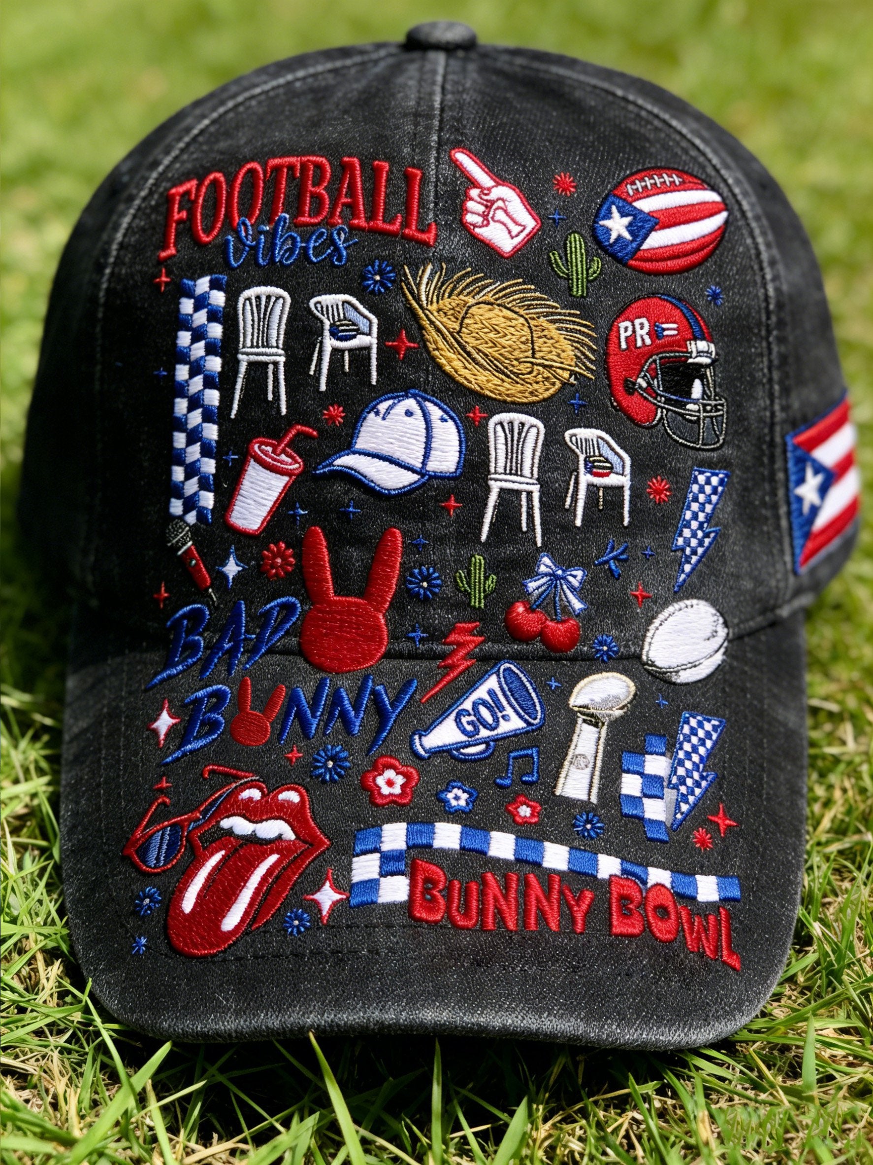 Bunny Bowl Benito Bowl Half Time Show Football Vibes Black Printed Cap, Bad Bunny Game Day Baseball Cap