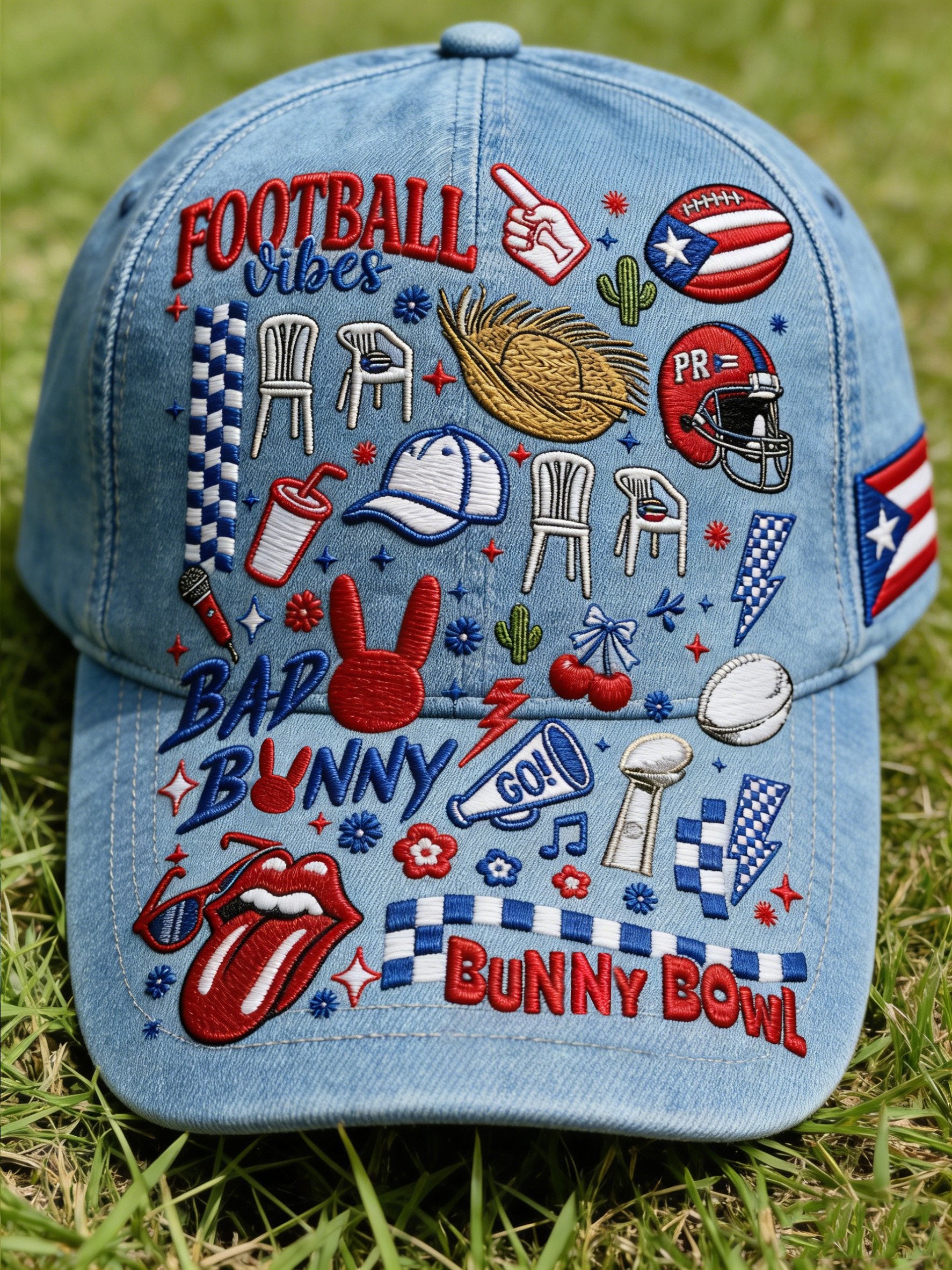 Bunny Bowl Benito Bowl Half Time Show Football Vibes Blue Printed Cap, Bad Bunny Game Day Baseball Cap