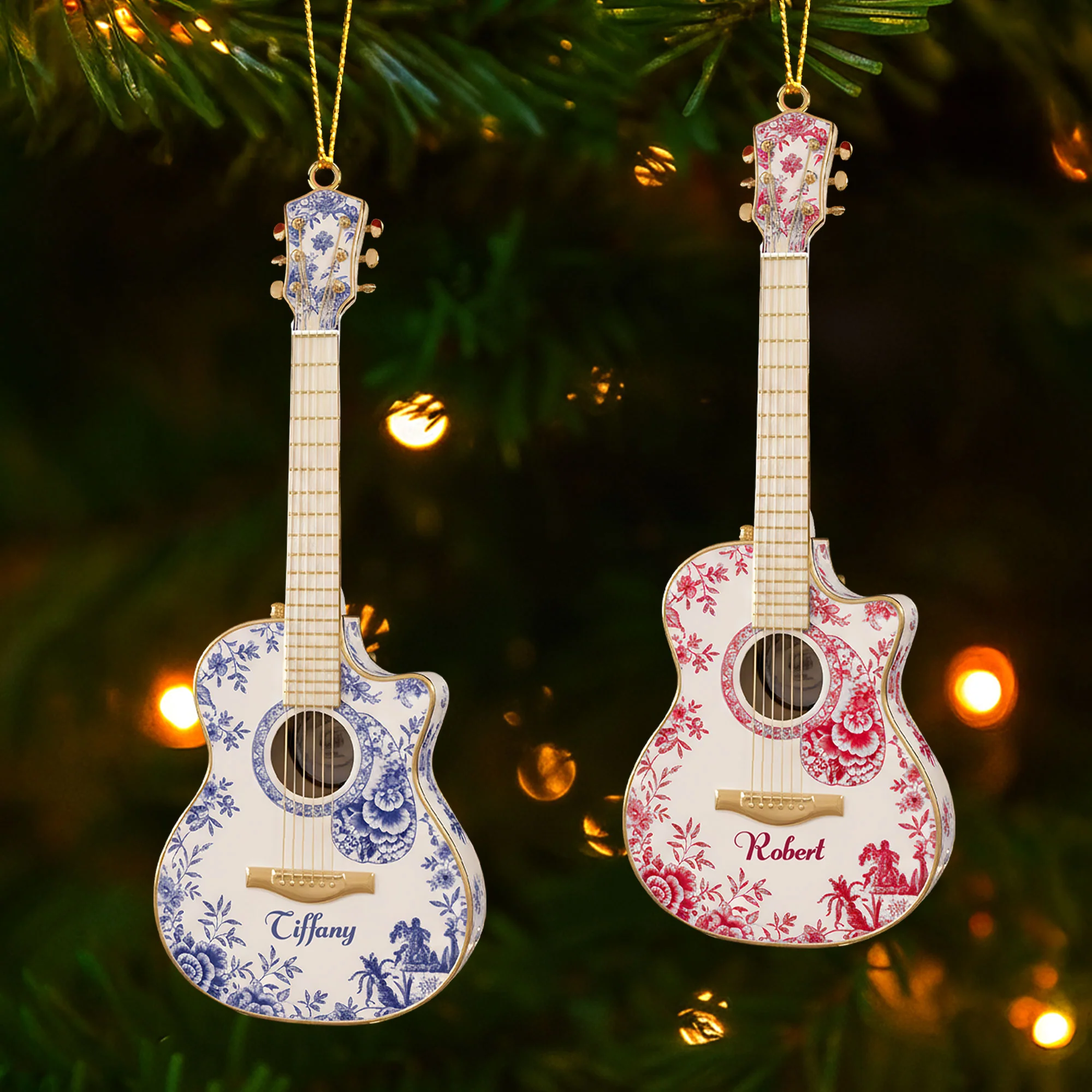 Guitar Toile De Jouy Ornament, Musical Instrument Ornaments, Custom Acrylic Christmas Ornaments