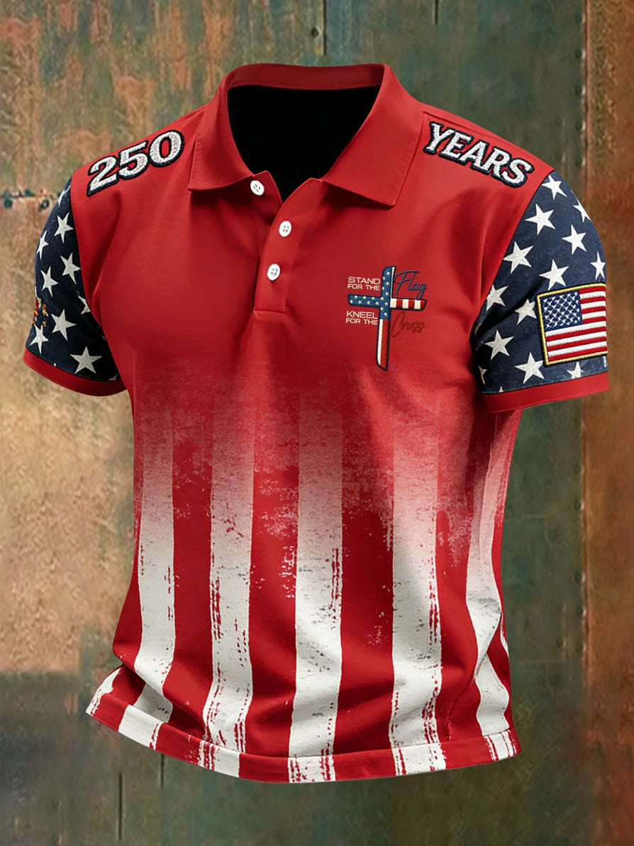 Stand For The Flag 250th Anniversary Men's Patriotic Polo Shirts, American Flag Pattern Retro Men's Shirt