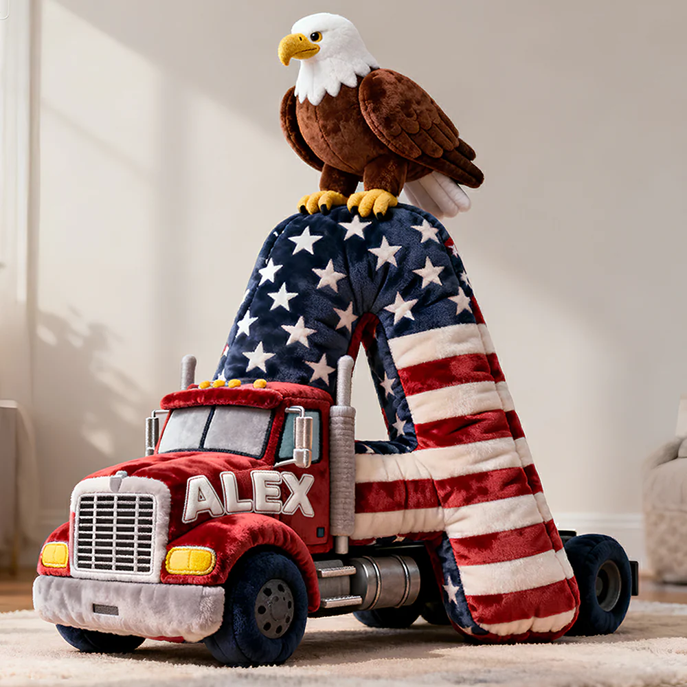 America Flag Print Alphabet Truck Custom Shaped Pillow, 250th Anniversary Patriotic Pillow
