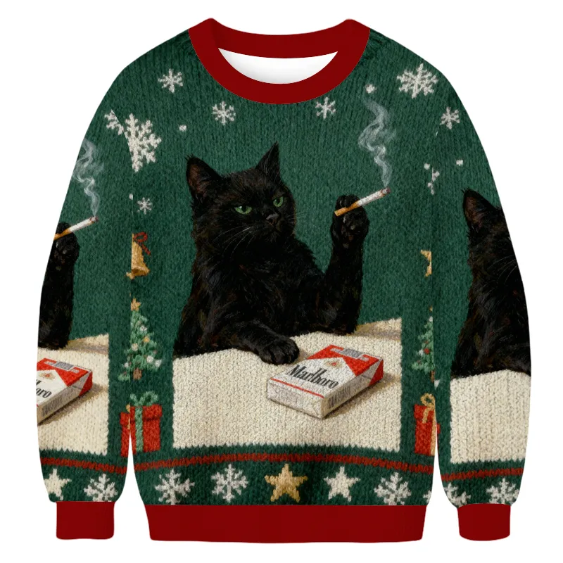 Smoking Marlboro Black Cat Christmas Sweater, Ugly Xmas Sweater, Christmas Ugly Sweatshirt