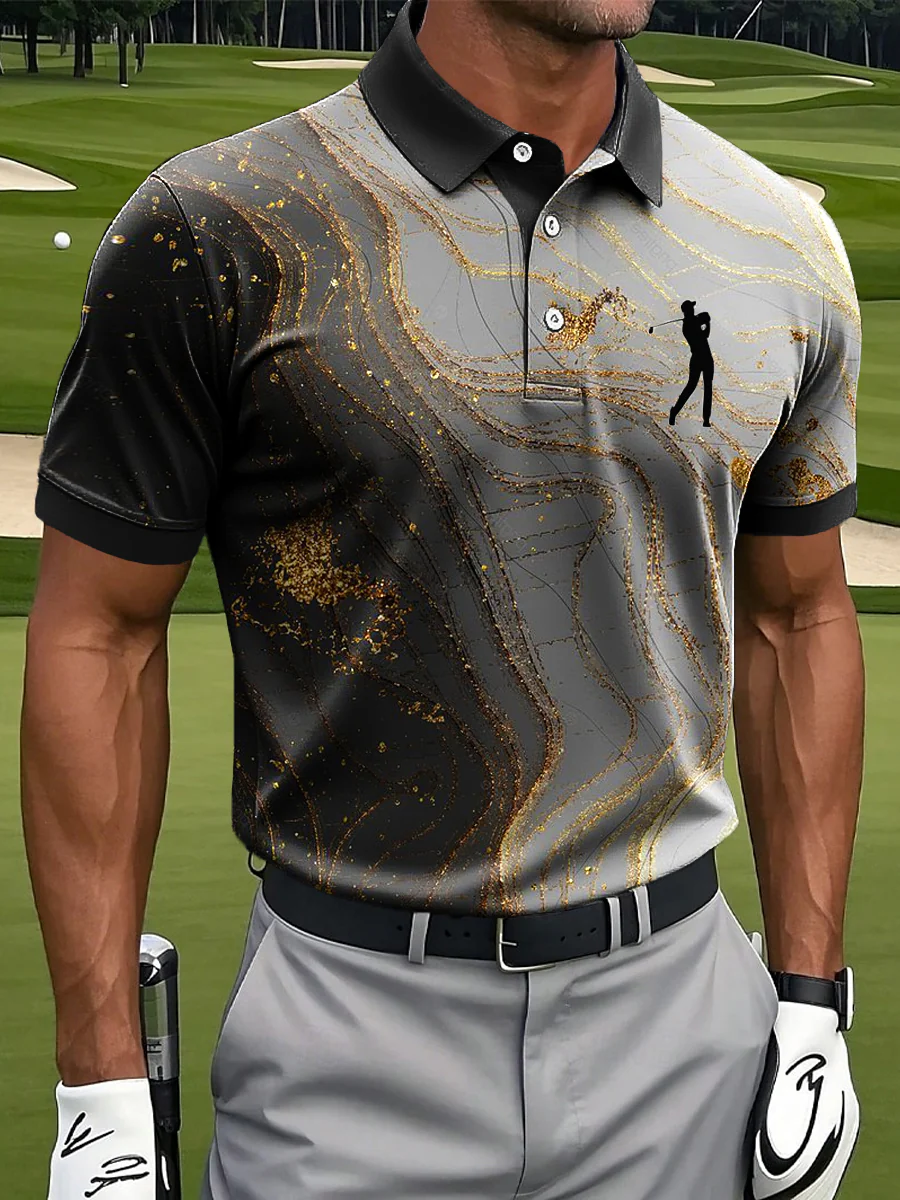 Vintage Gradient Gold Textured Art Print Casual Business Polo Shirt, Polo Shirts For Men, Golf Gift For Men