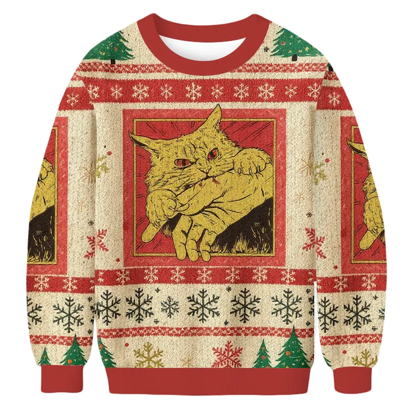 Biting Cat Christmas Sweater, Ugly Xmas Sweater, Christmas Ugly Sweatshirt