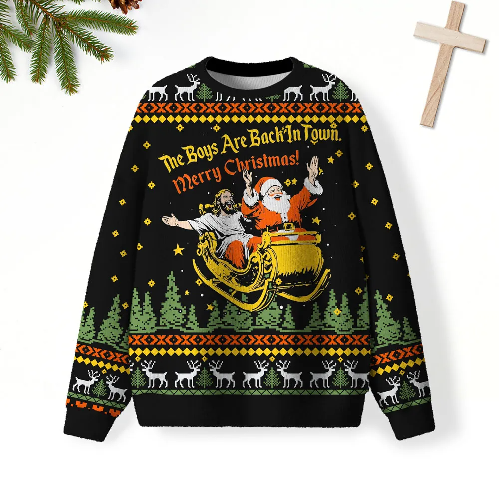 The Boys Are Back In Town Furry Christian Funny Ugly Sweater, Ugly Xmas Sweater, Christmas Ugly Sweatshirt