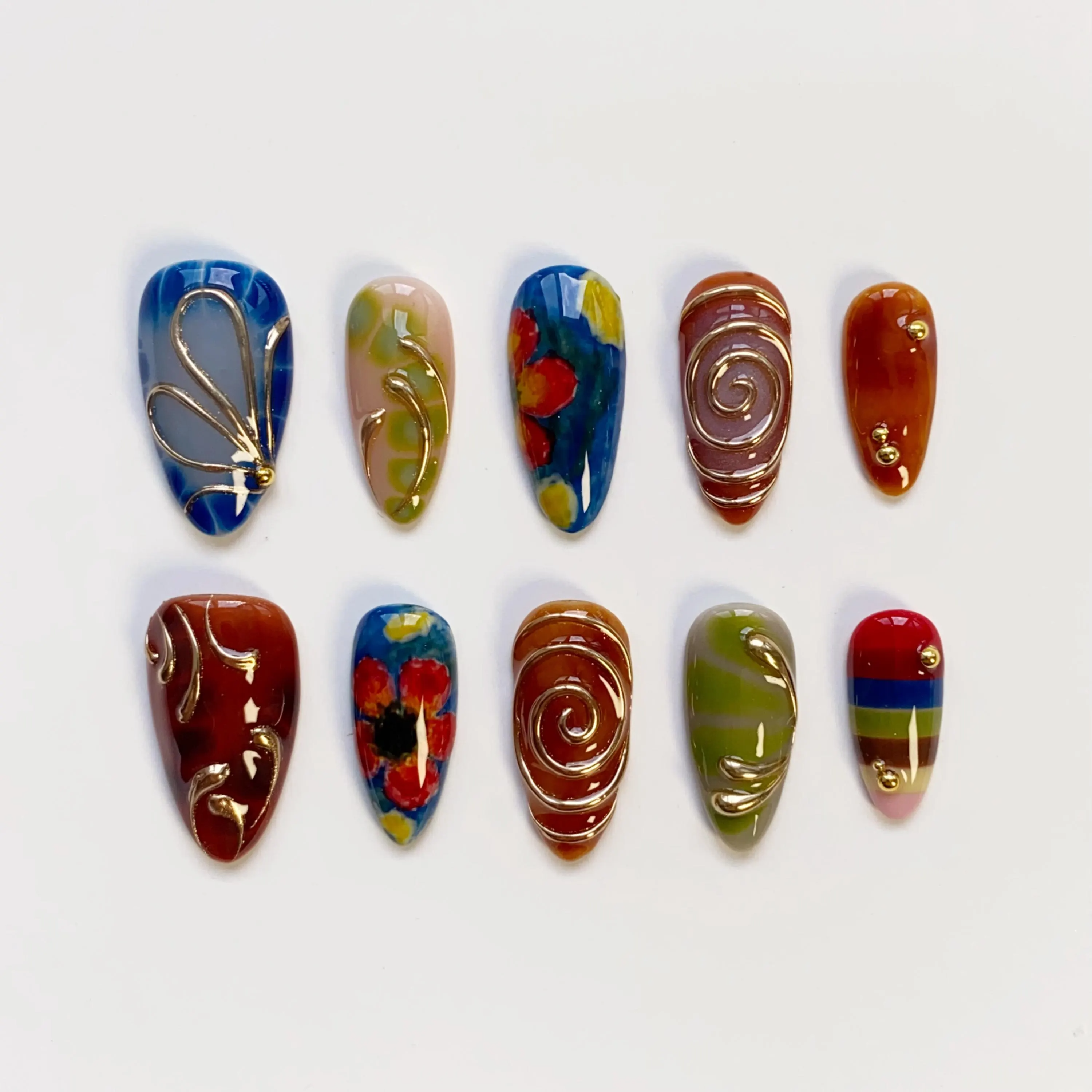 Abstract Garden Flower Press On Nails, Polka Dots Dot Press On Nails, 3D Gold Chrome Nails