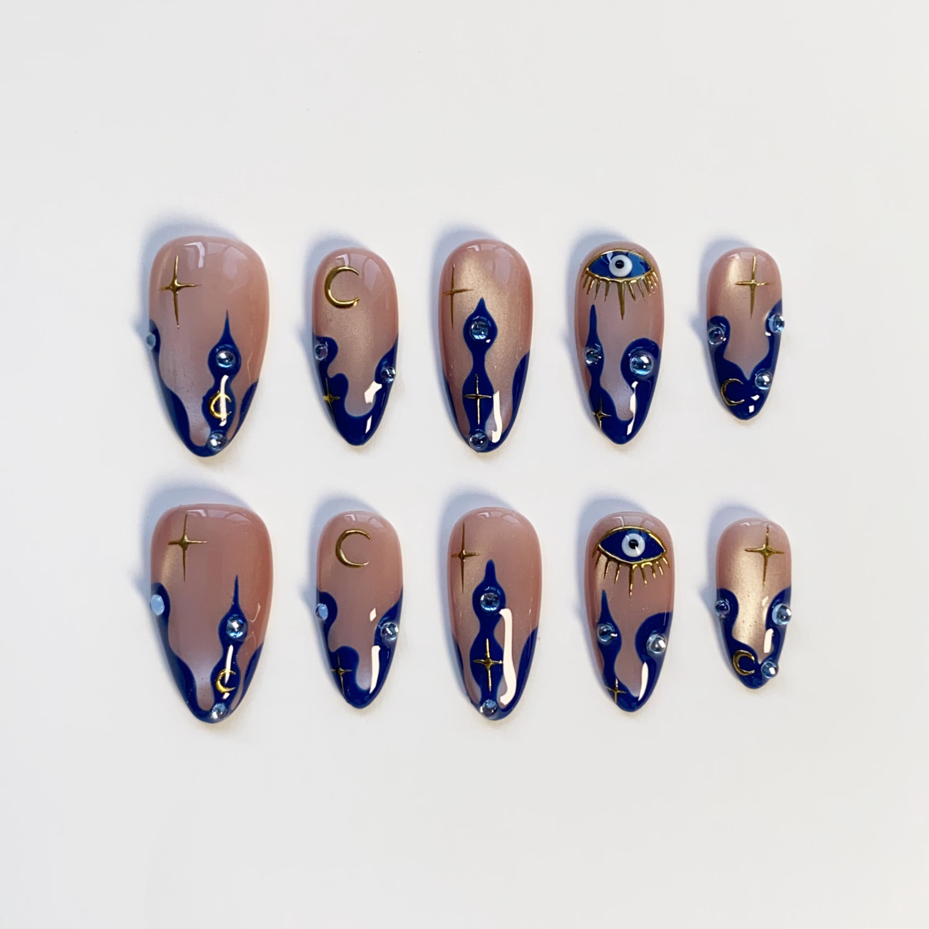Gothic Blue Demon Cat Eye Press On Nails, Gold Sun Moon Press On Nails, 3D Gold Chrome Nails