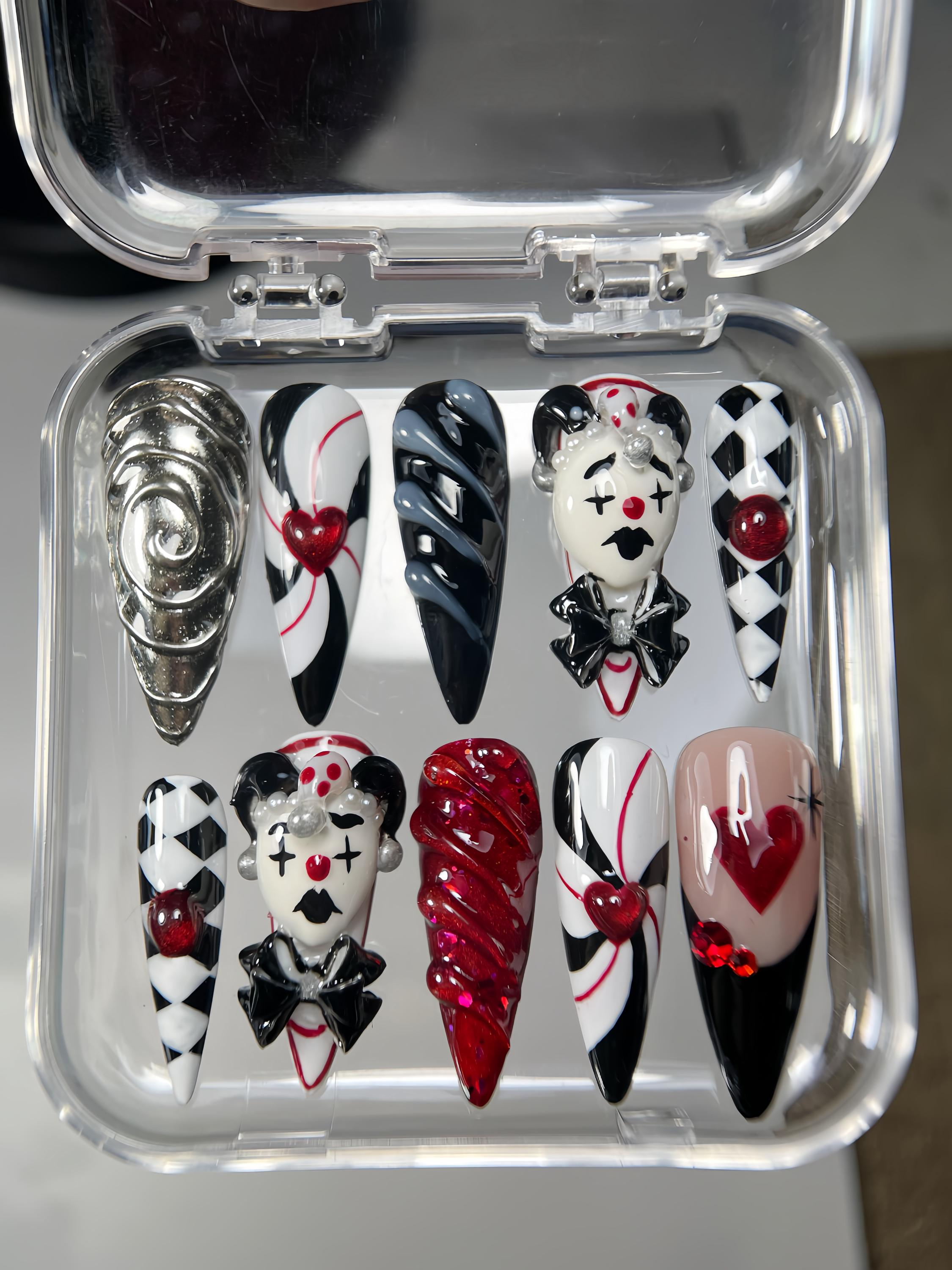 Creepy Clown Press On Nails, Gothic 3D Harlequin Stiletto