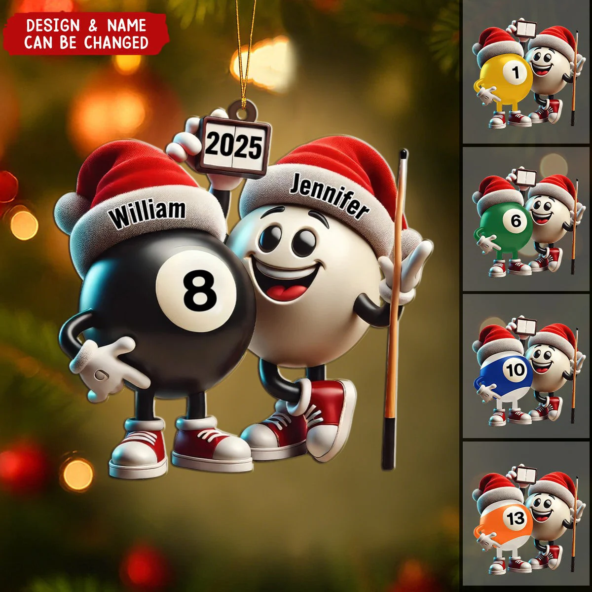 Custom Name Funny Billiard Couple Christmas Ornament, Pool Table Balls Acrylic Ornament