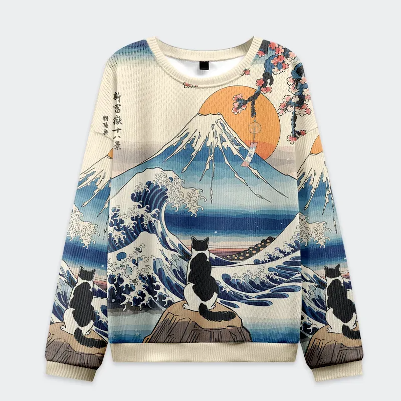 Cat Looking At The Great Wave Funny Ugly Sweater, Ugly Xmas Sweater, Christmas Ugly Sweatshirt
