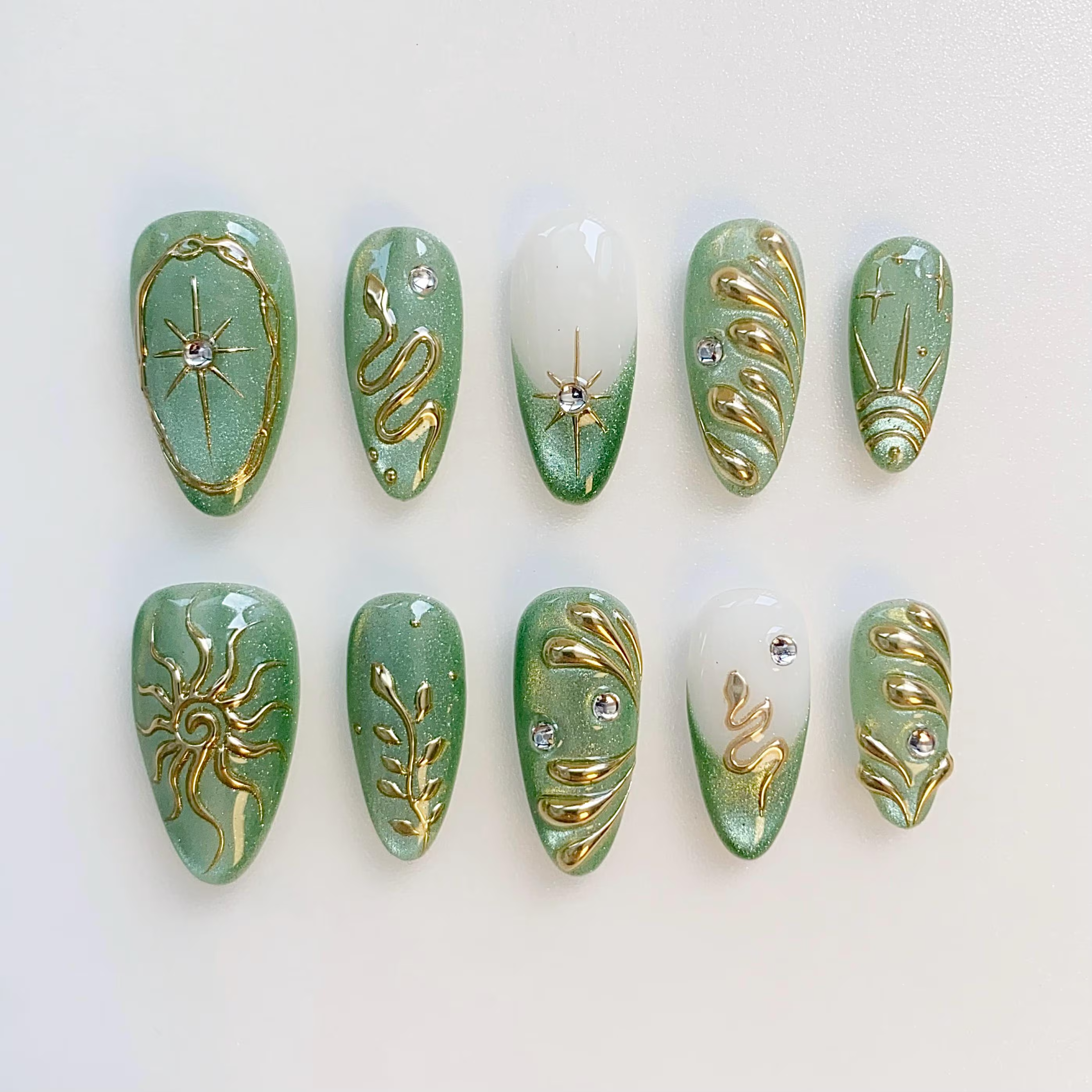 Sun Star Green Cat Eye Press On Nails, Gold Celestial & Abstract Press On Nails, 3D Gold Chrome Nails