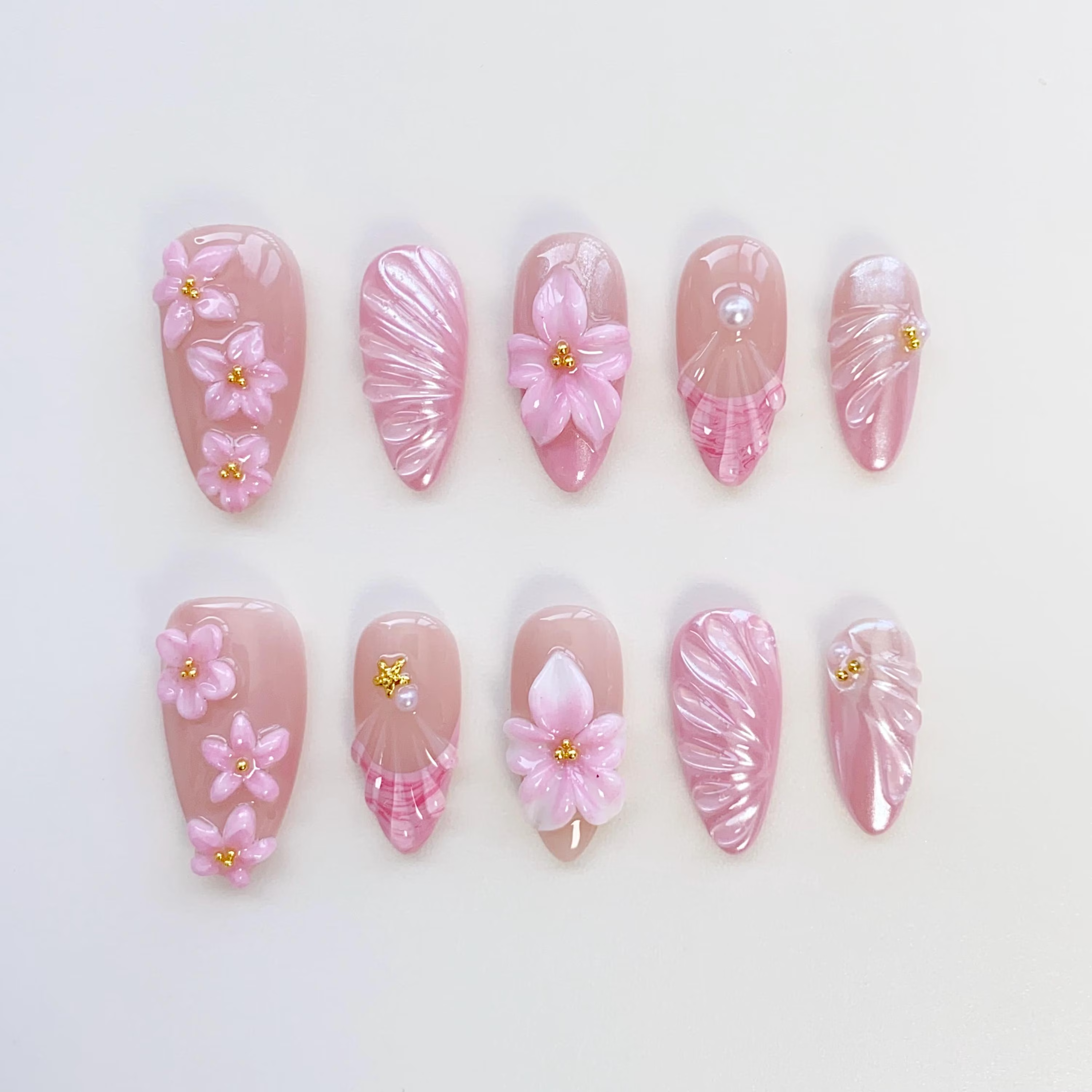 3D Cherry Blossom Press On Nails, Summer Floral Bloom Pink Press On Nails, Spring Nails