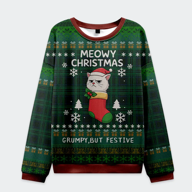 Meowy & Grumpy Festive Funny Ugly Sweater, Ugly Xmas Sweater, Christmas Ugly Sweatshirt