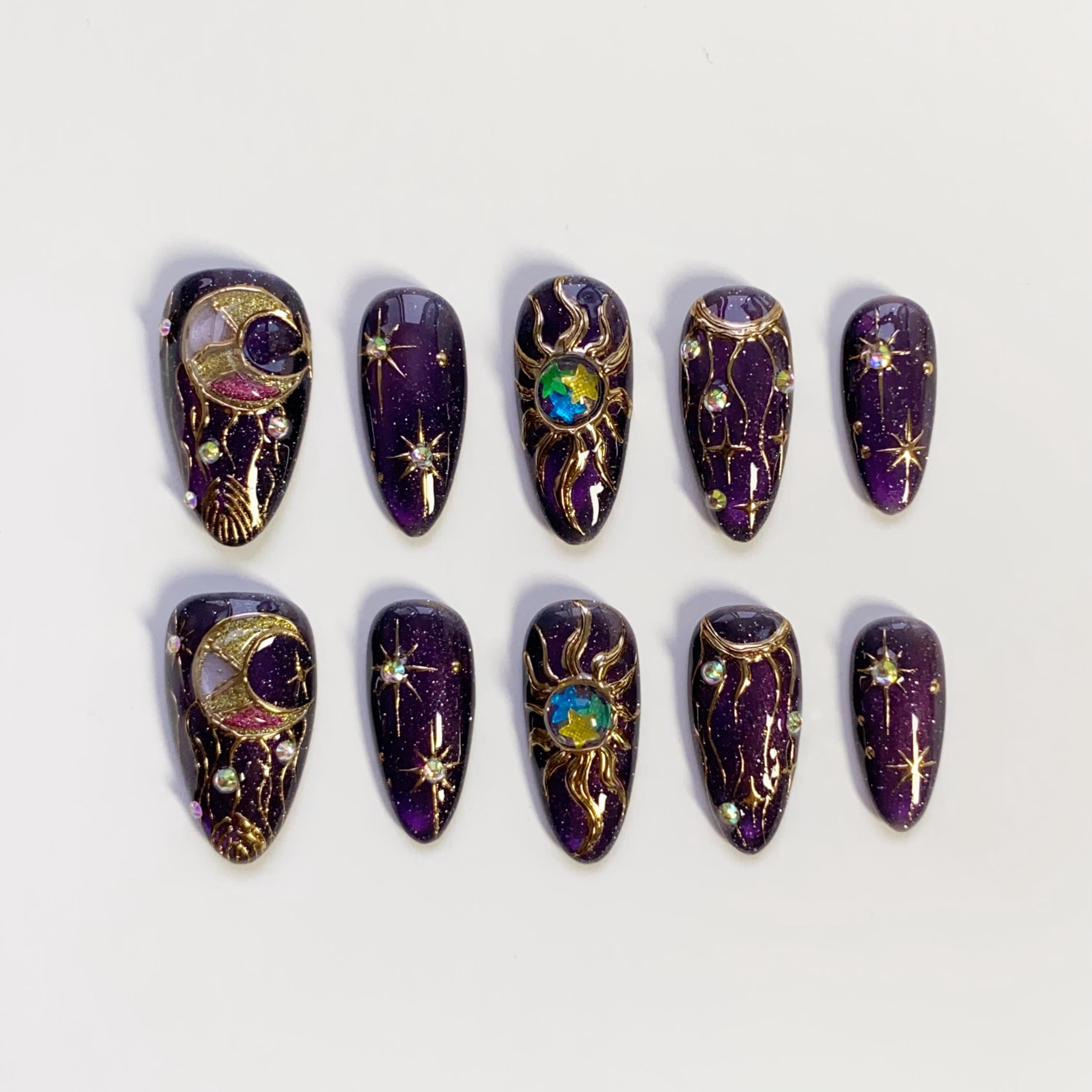 Gothic Purple Cat Eye Press On Nails, Gold Sun Moon Press On Nails, 3D Gold Chrome Nails