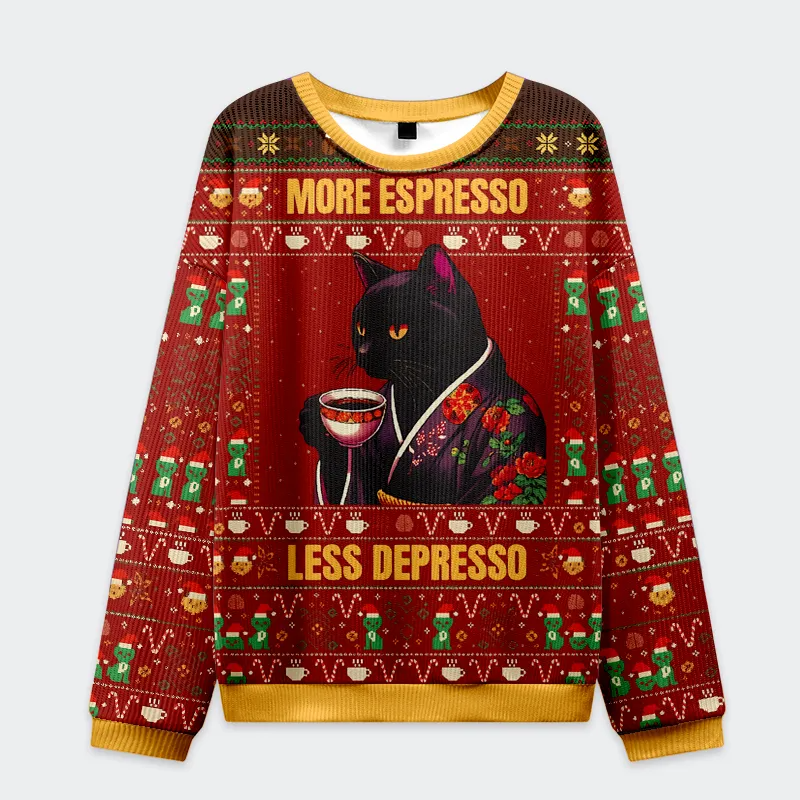 A Cat Drinking Coffee More Espresso Less Depresso Funny Ugly Sweater, Ugly Xmas Sweater, Christmas Ugly Sweatshirt