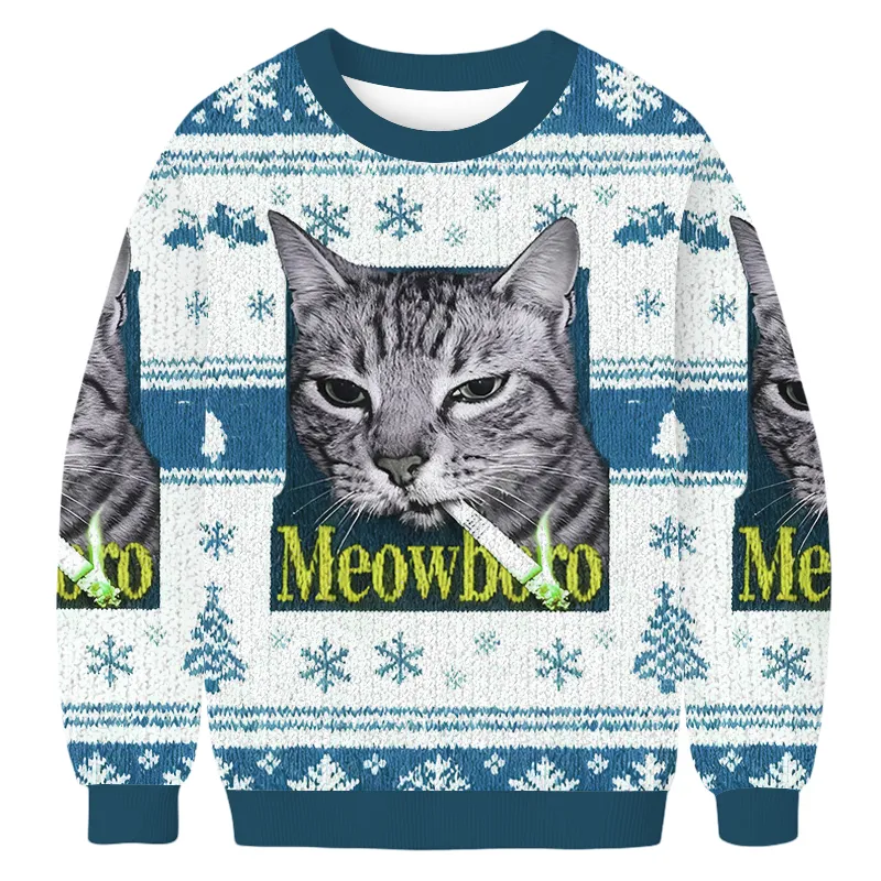 Smoking Meowboro Cat Christmas Sweater, Ugly Xmas Sweater, Christmas Ugly Sweatshirt