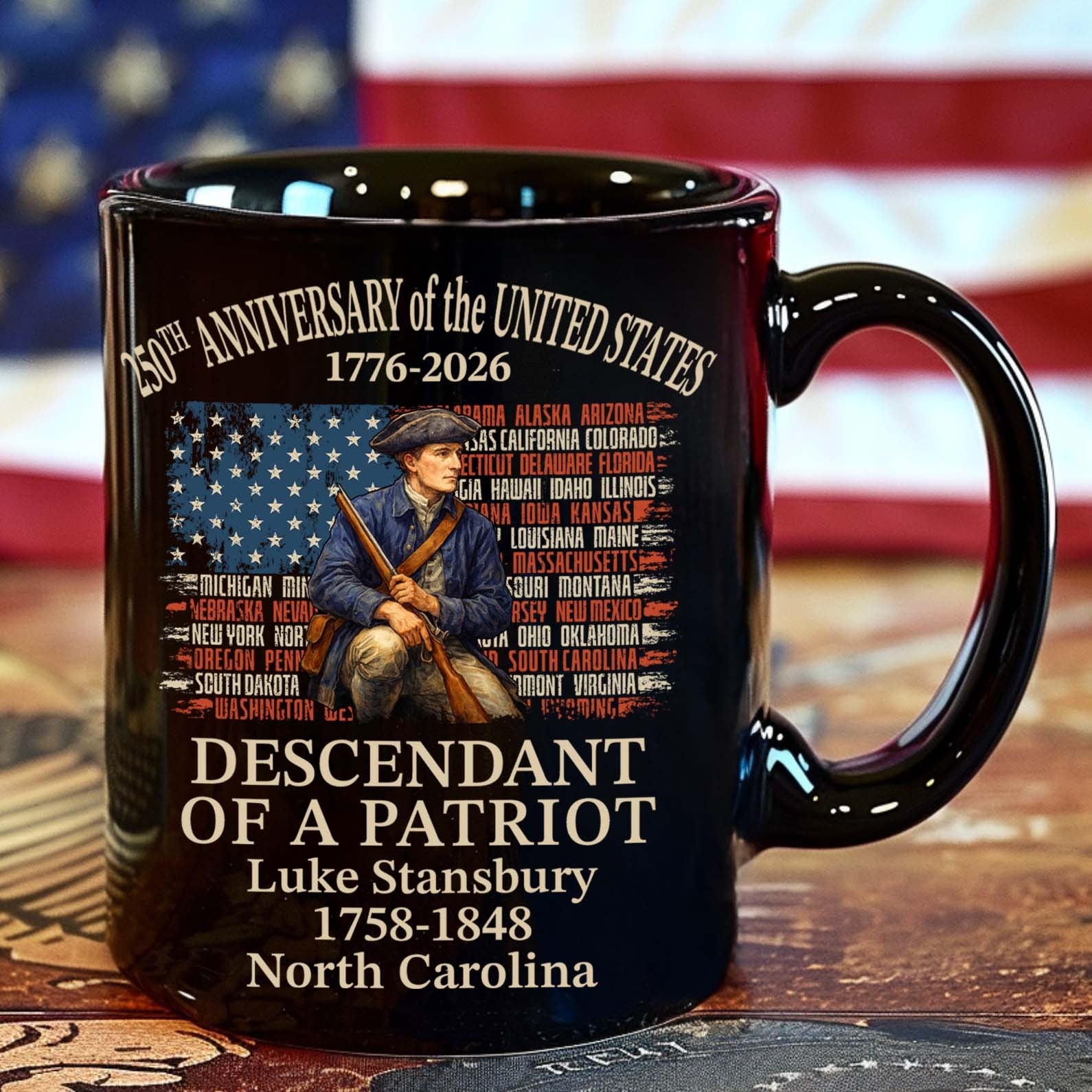 Custom Name Descendant of a Patriot Black Mug, Personalized 250 Years USA 1776–2026 Coffee Mug