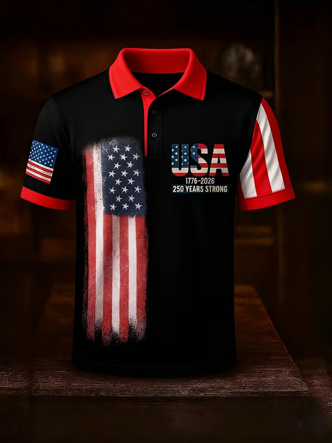 USA 1776-2026 250 Years Strong American Flag Pattern Black Retro Polo Shirts, 4th Of July Polo