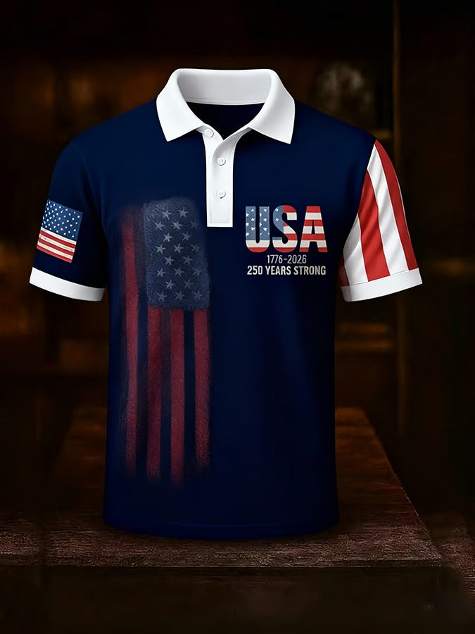 USA 1776-2026 250 Years Strong American Flag Pattern Navy Retro Polo Shirts, 4th Of July Polo