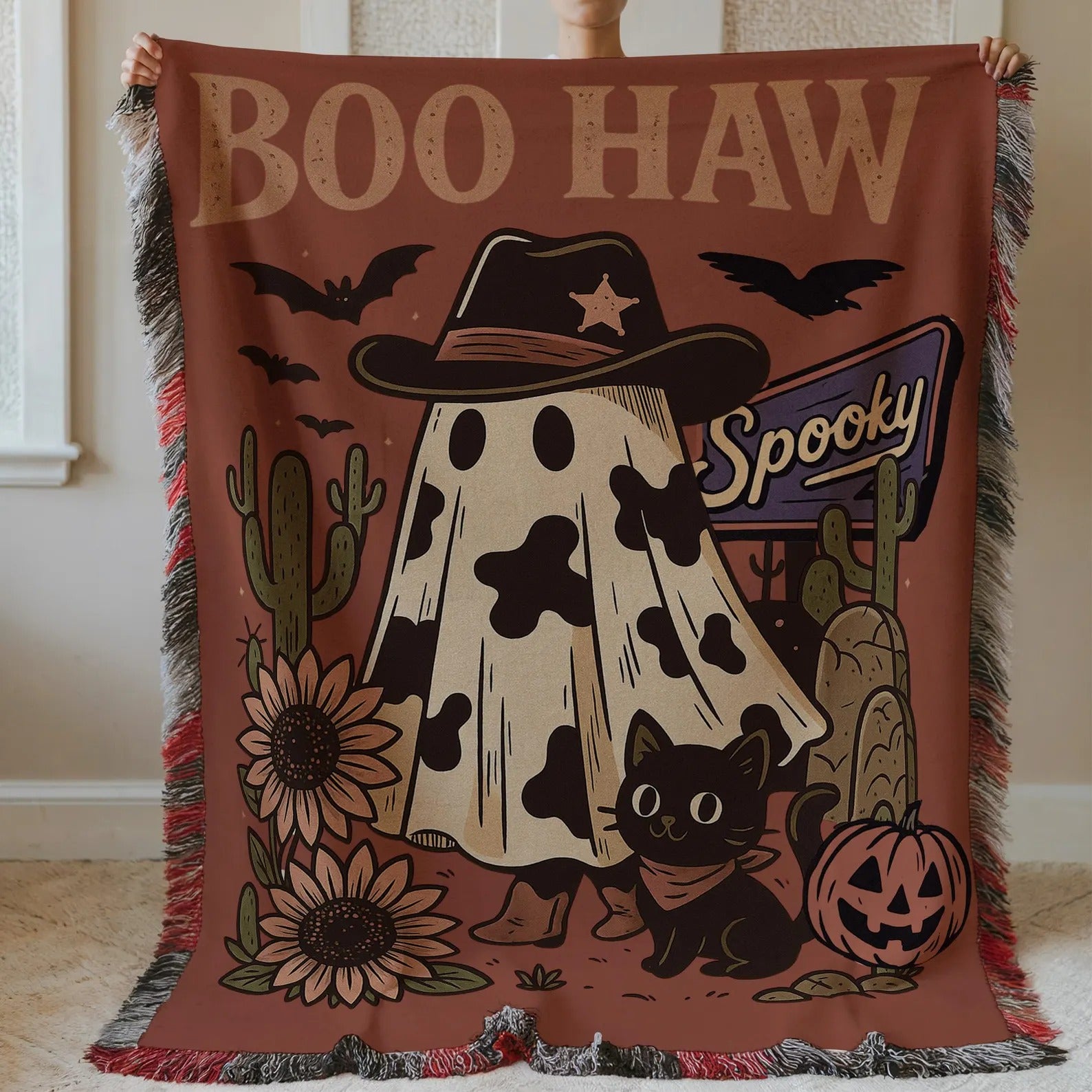 Ghost Cat Western Blanket, Ghost Pumpkin Throw Blanket, Spooky Season Decor